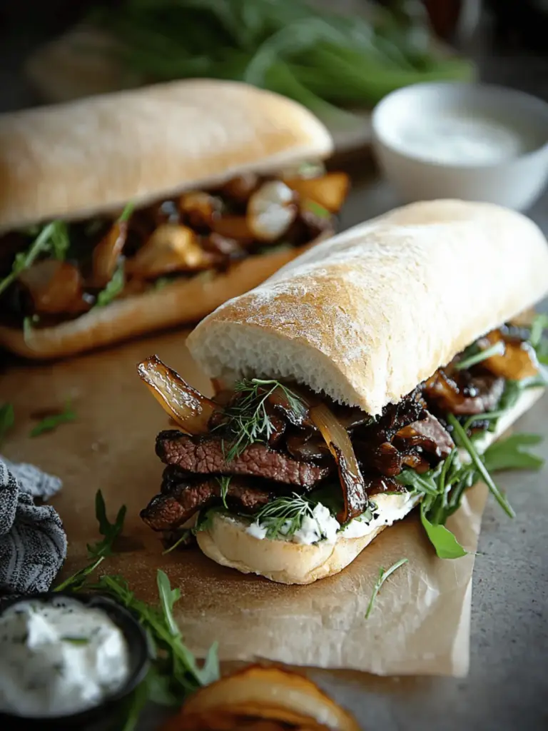 Steak Sandwich with Caramelized Onions and Mushrooms and Garlic Dill Spread