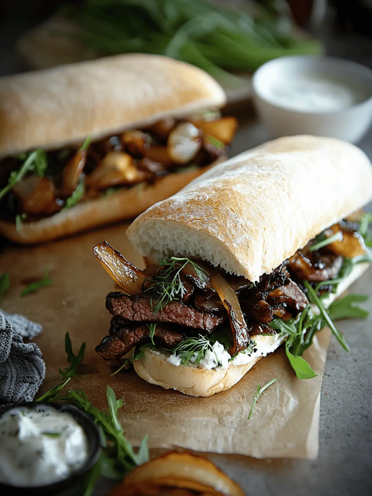 Steak Sandwich with Caramelized Onions and Mushrooms and Garlic Dill Spread