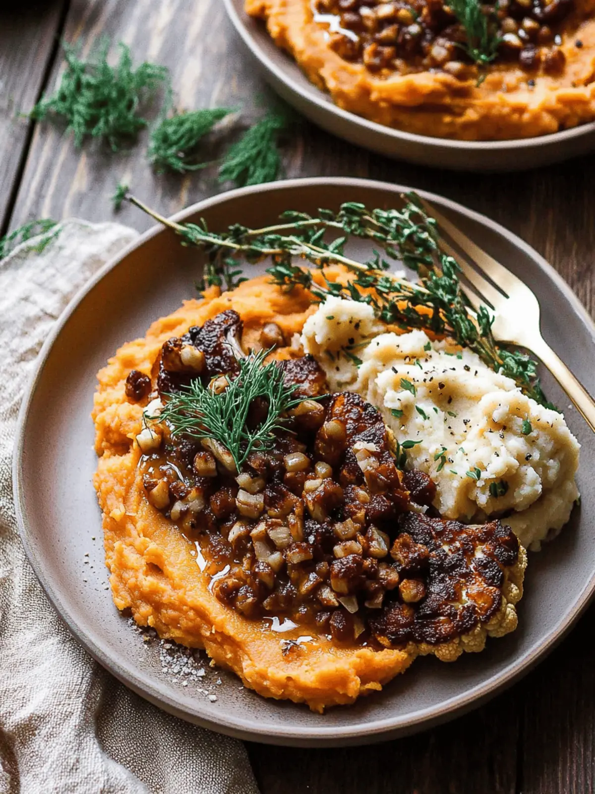 Baked Vegan Cauliflower Steak & Creamy Sweet Potato Bliss 2 Baked Vegan Cauliflower Steak & Mashed Sweet Potatoes