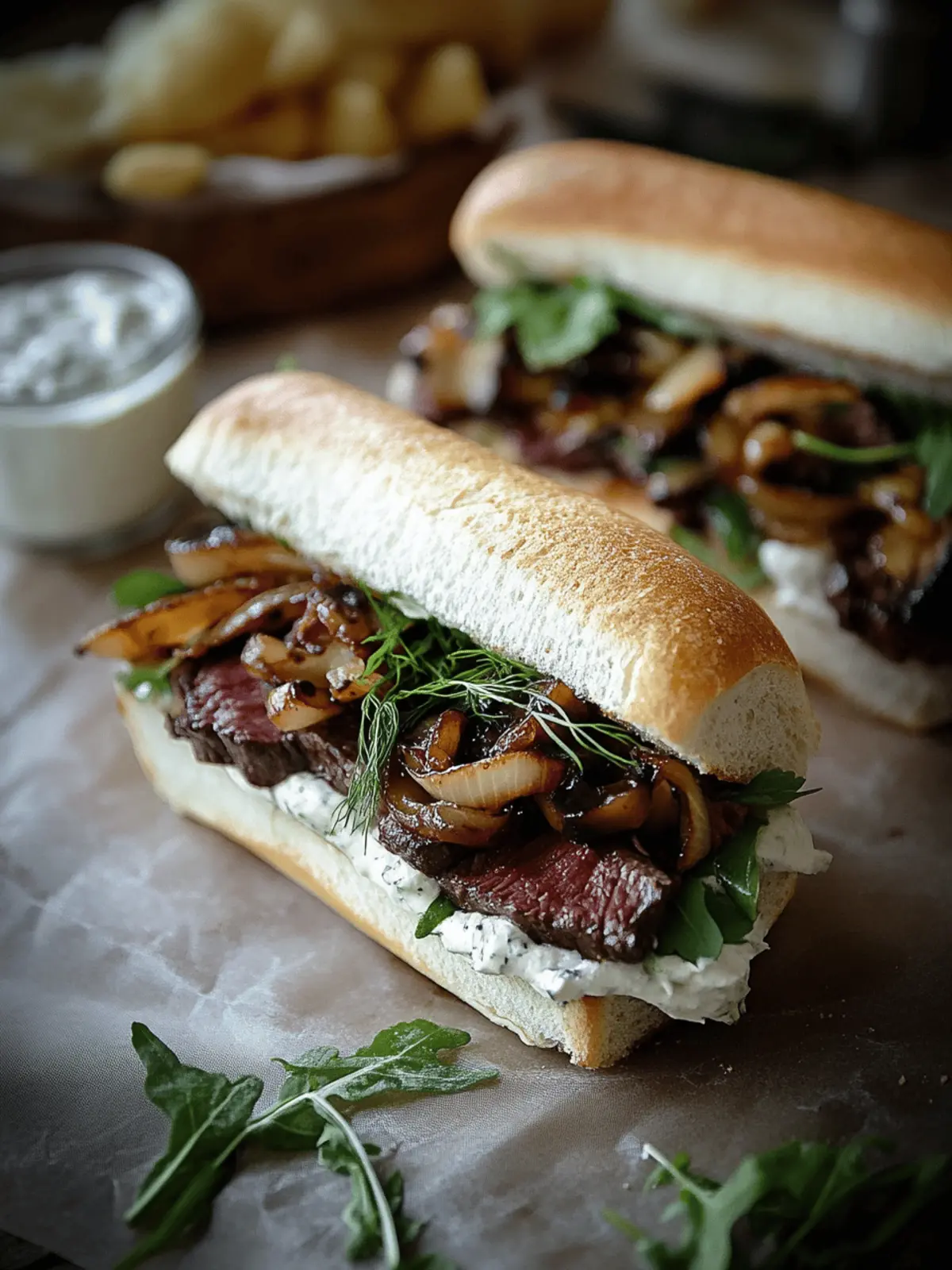 Steak Sandwich with Caramelized Onions and Mushrooms and Garlic Dill Spread