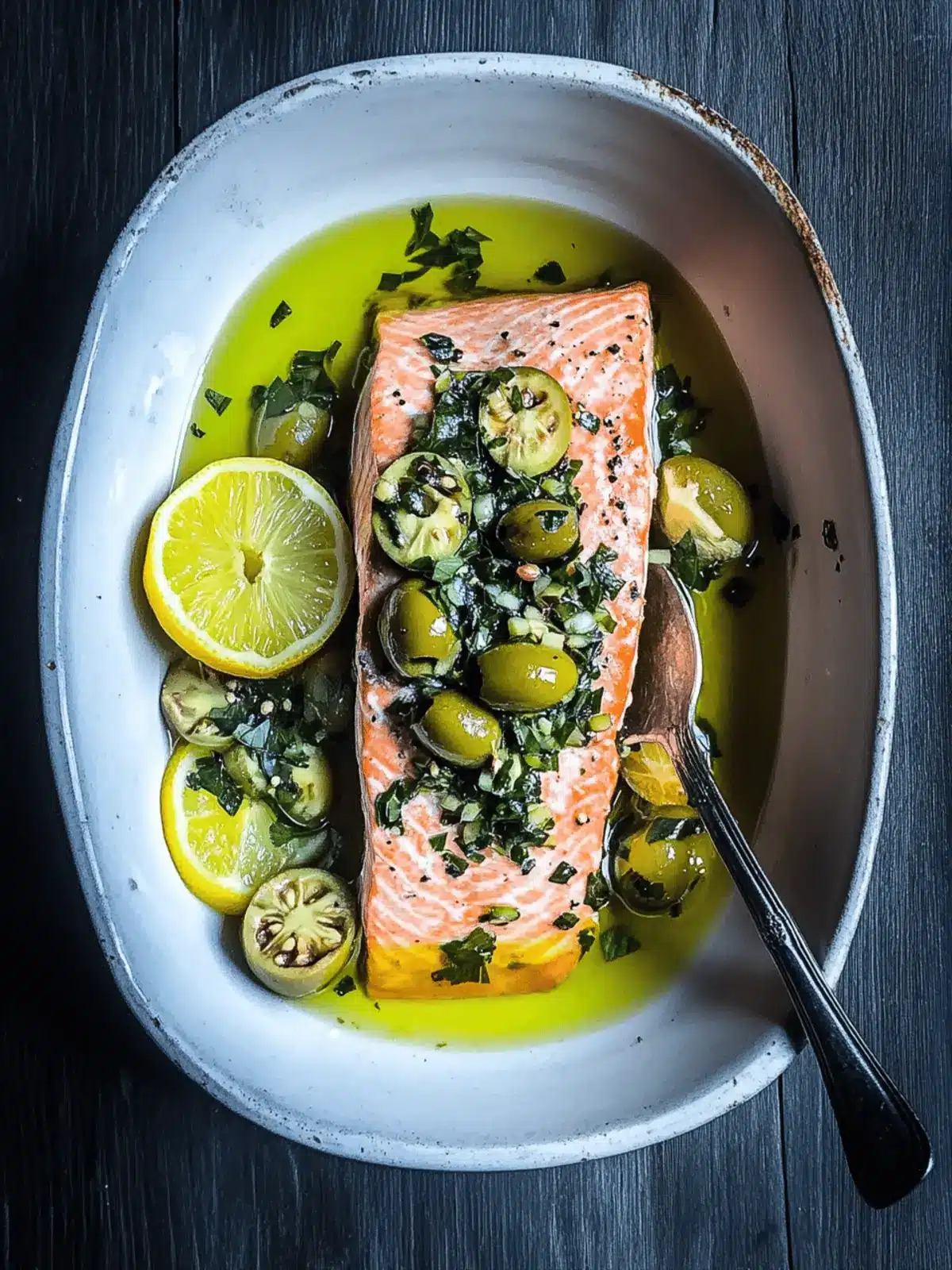 Olive Oil Salmon Confit with Olive Lemon Gremolata