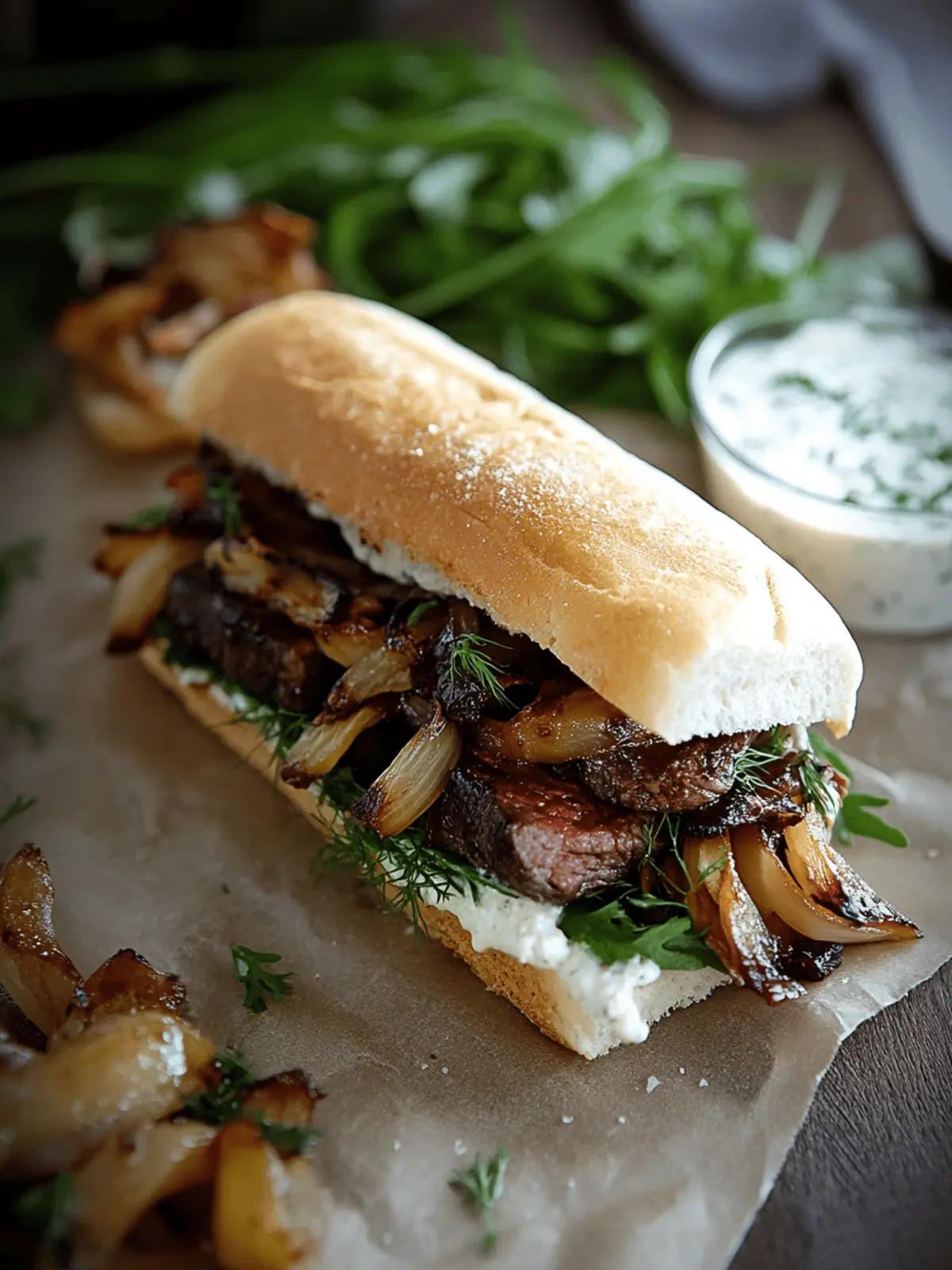 Steak Sandwich with Caramelized Onions and Mushrooms and Garlic Dill Spread