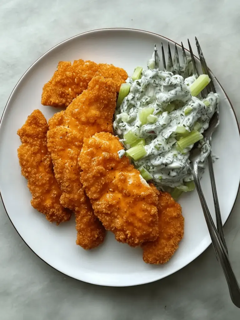 Buffalo chicken cutlets with a ranchy celery slaw