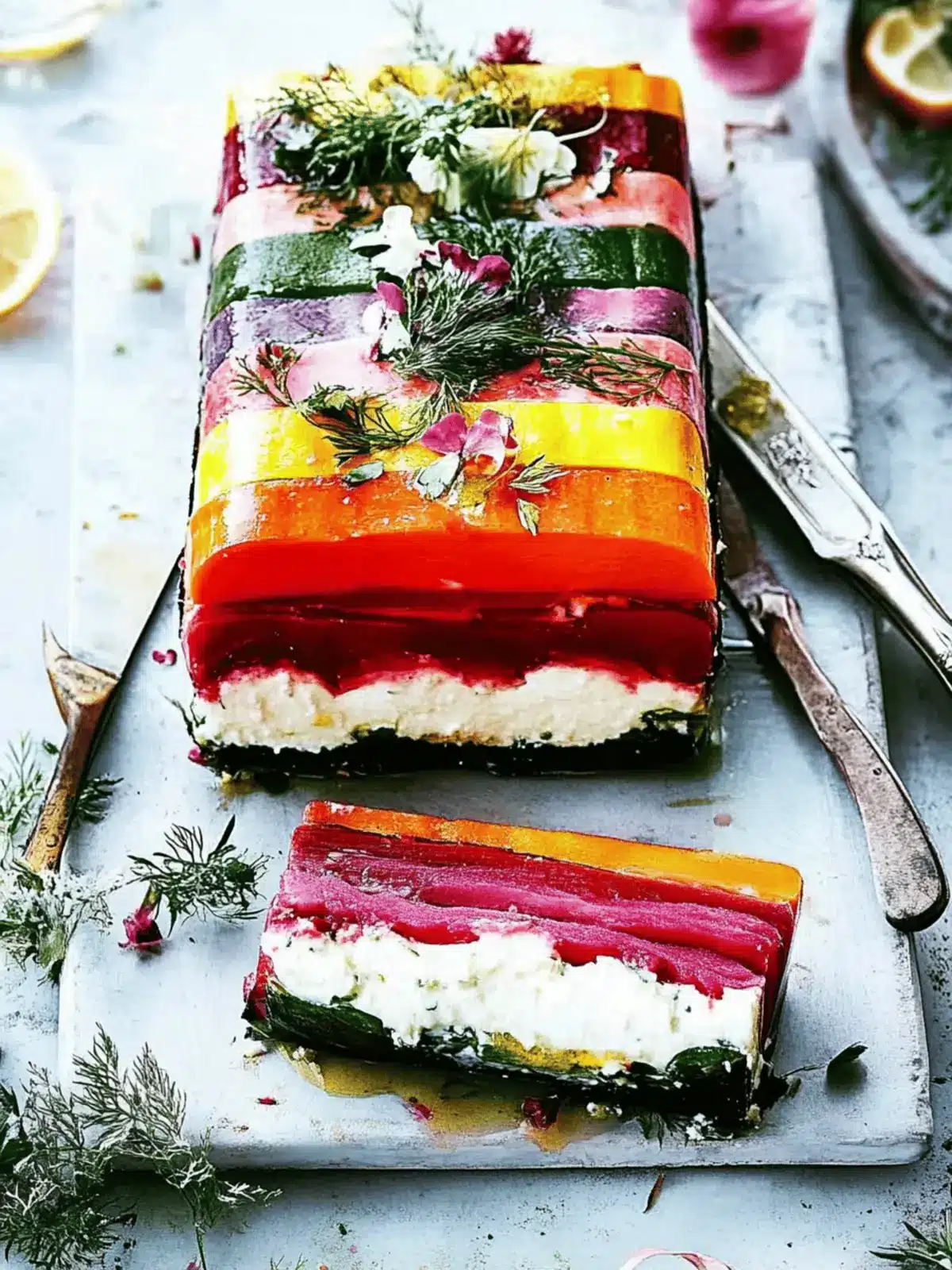 Rainbow Vegetable and Whipped Feta Terrine: A Colorful Delight 3 Rainbow vegetable and whipped feta terrine