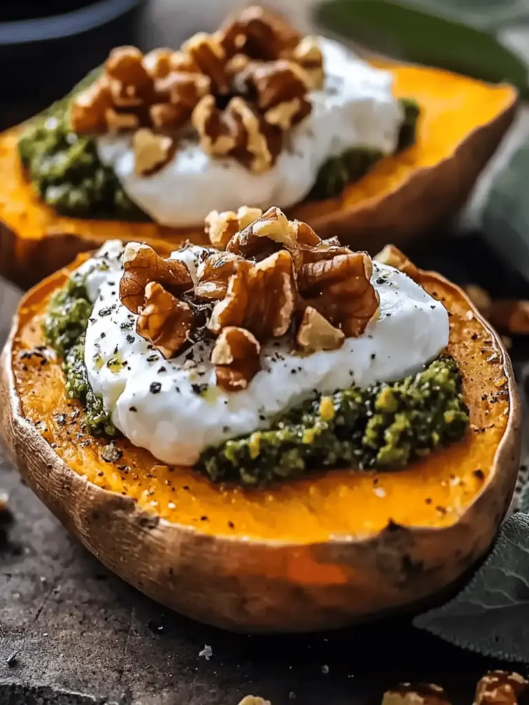 Stuffed Sweet Potatoes with Burrata, Toasted Walnuts & Sage Pesto
