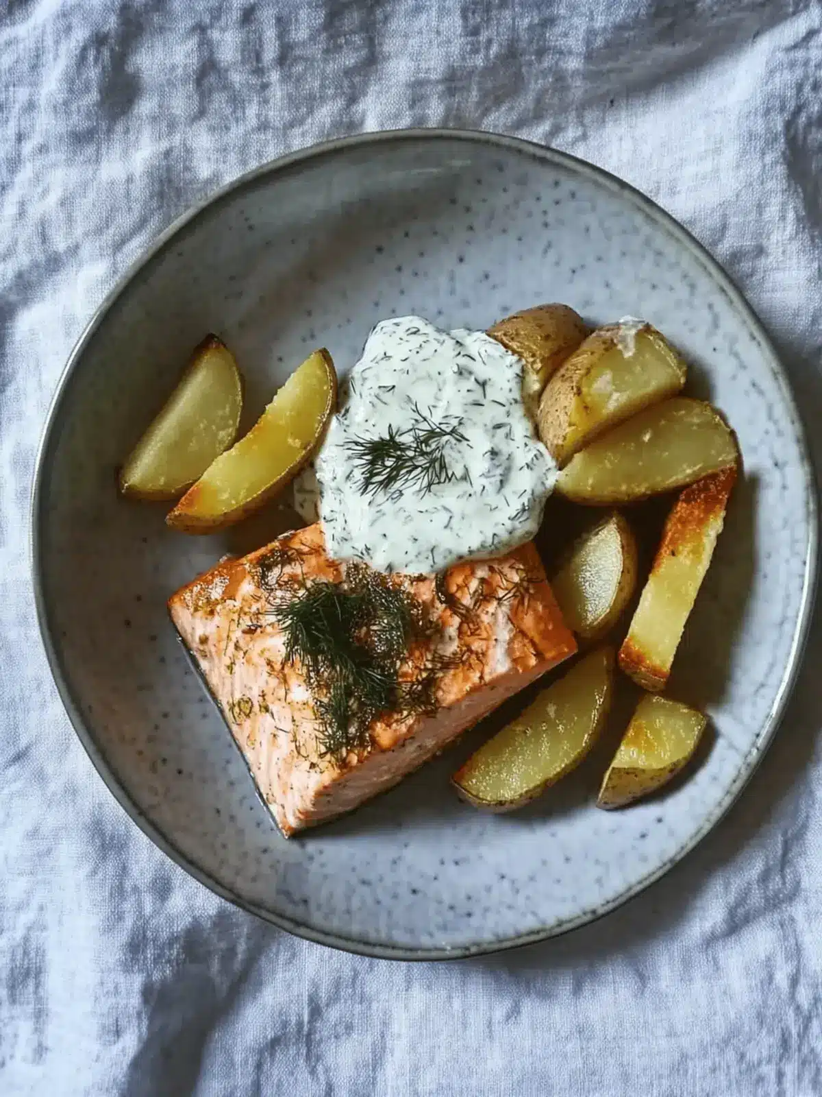 Dill salmon with potato wedges and a creamy pickle and dill sauce