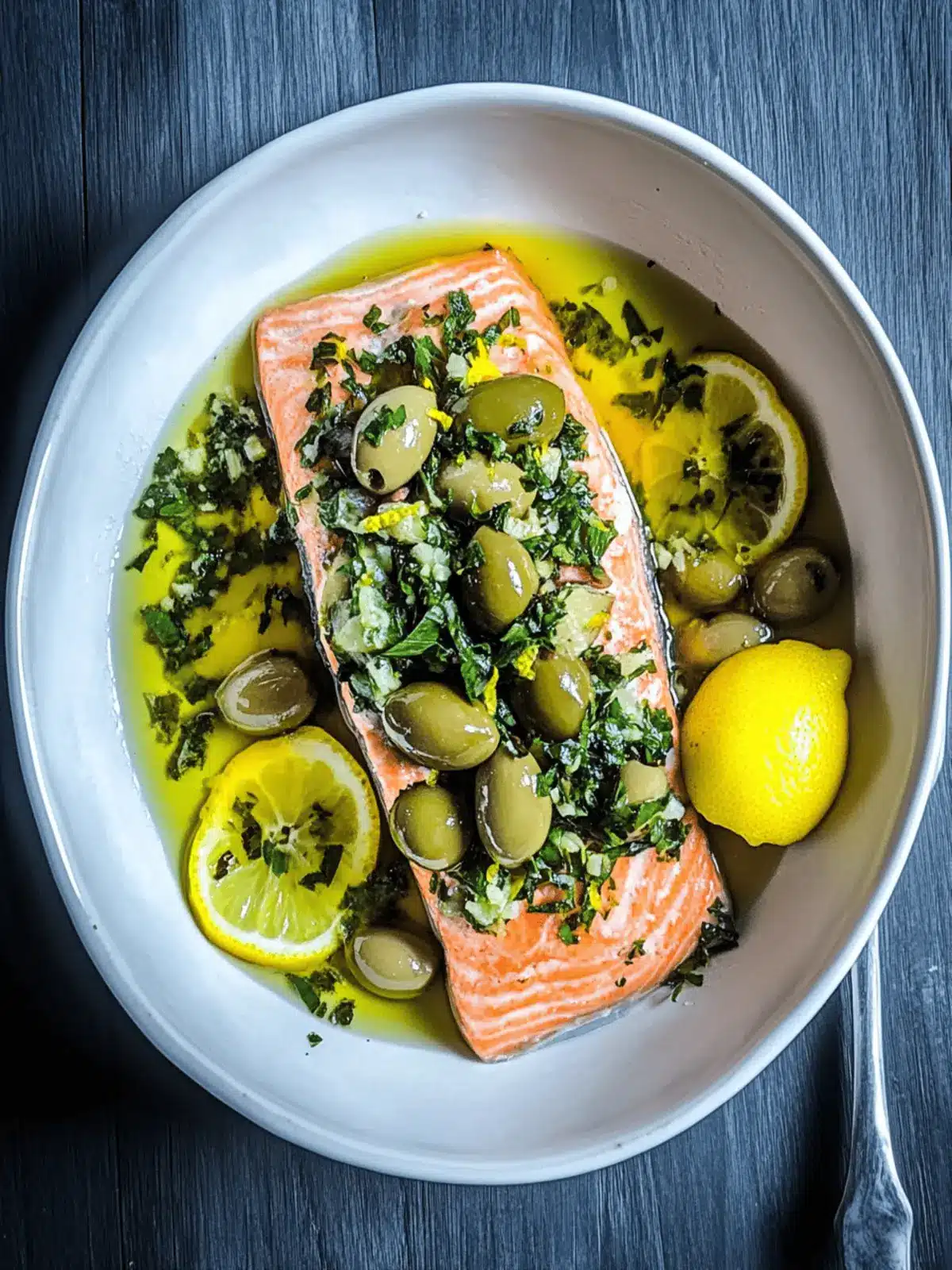 Olive Oil Salmon Confit with Olive Lemon Gremolata