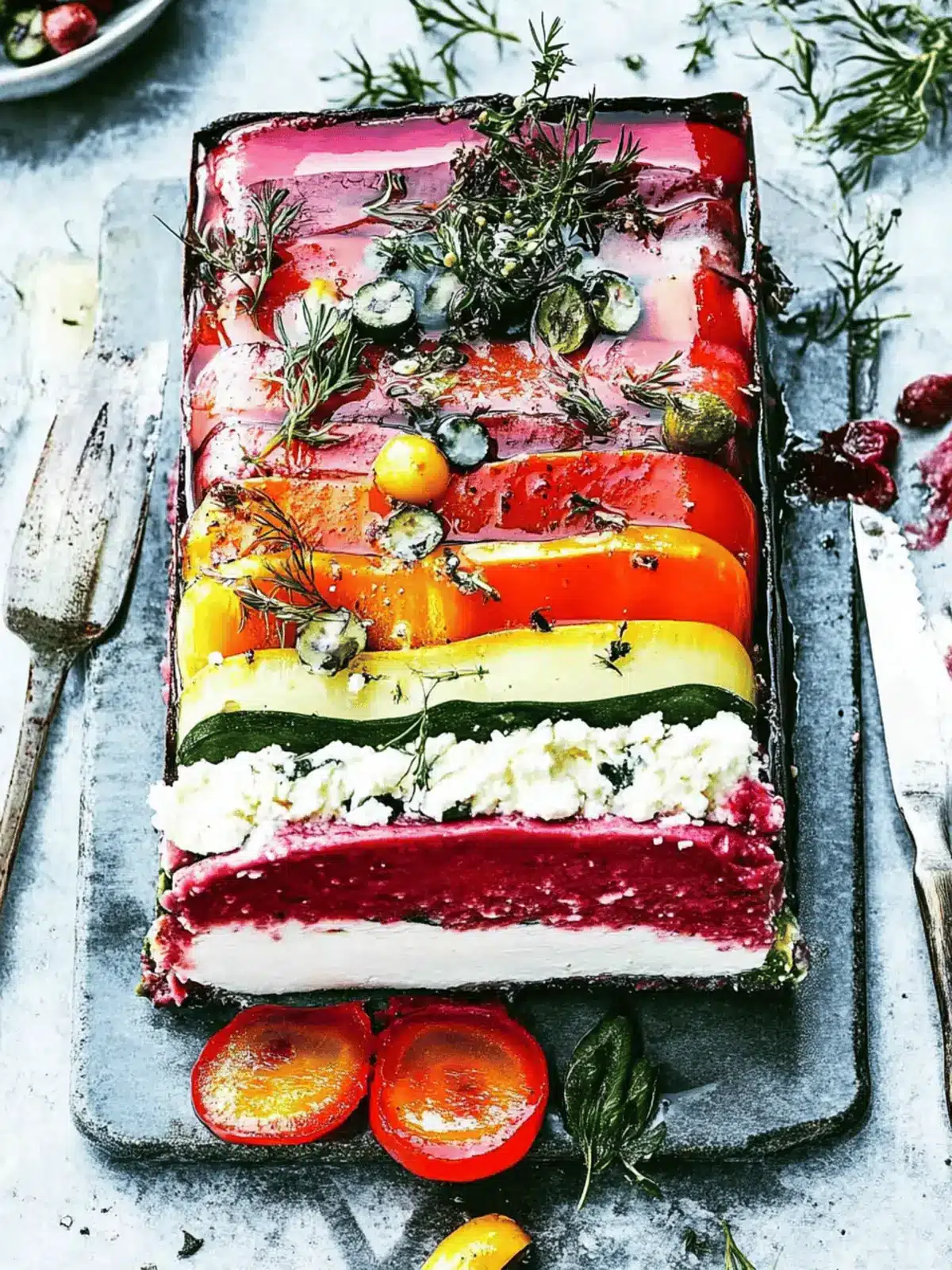 Rainbow Vegetable and Whipped Feta Terrine: A Colorful Delight 2 Rainbow vegetable and whipped feta terrine