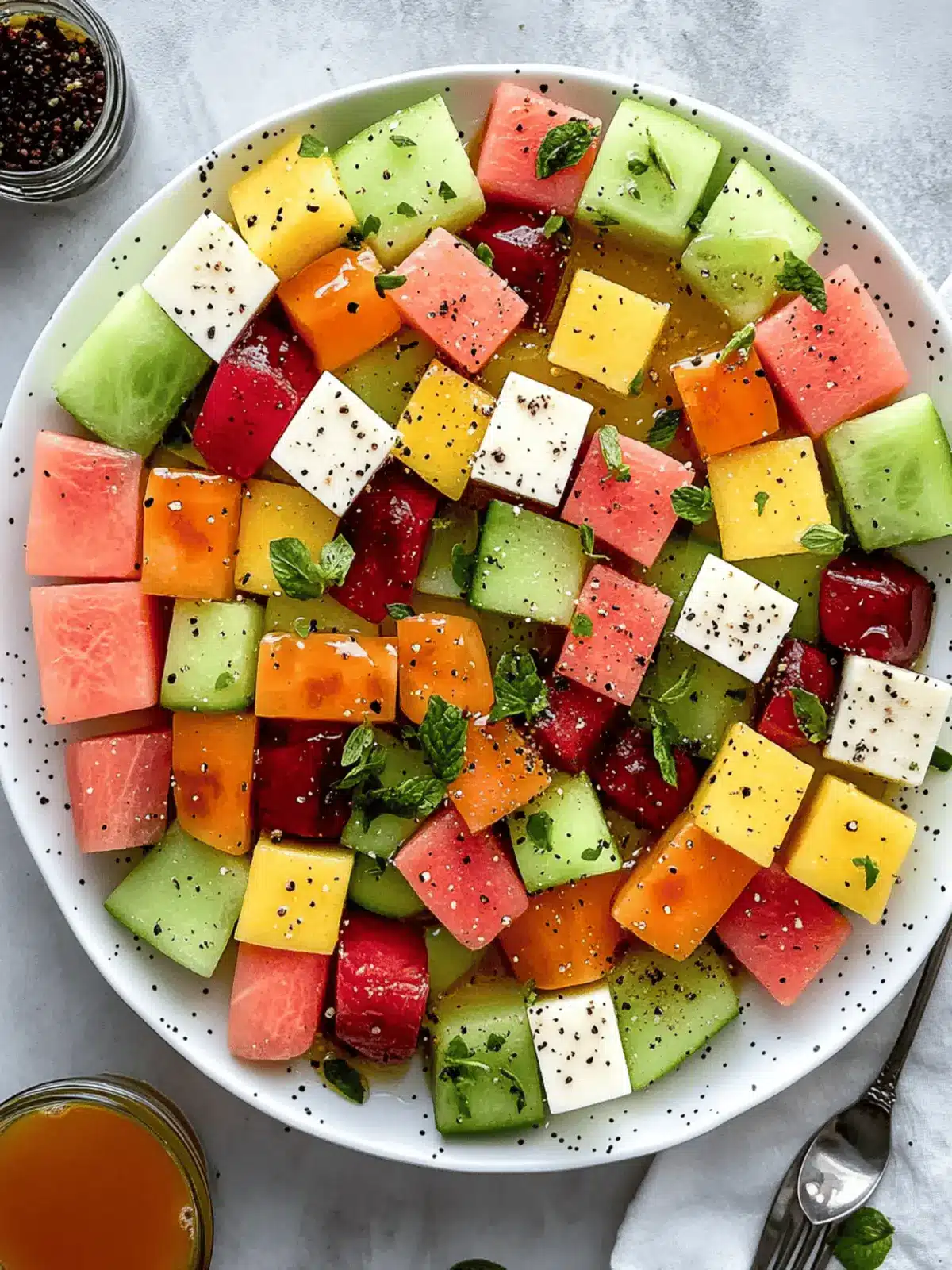Melon Mosaic Salad with Hot Honey Vinaigrette.
