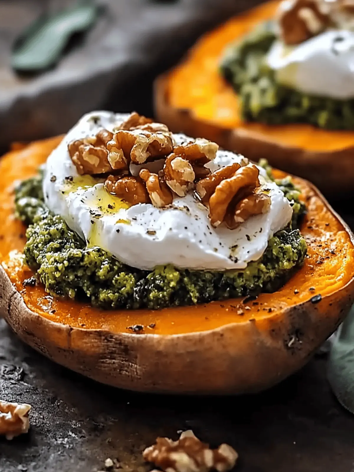 Stuffed Sweet Potatoes with Burrata, Toasted Walnuts & Sage Pesto
