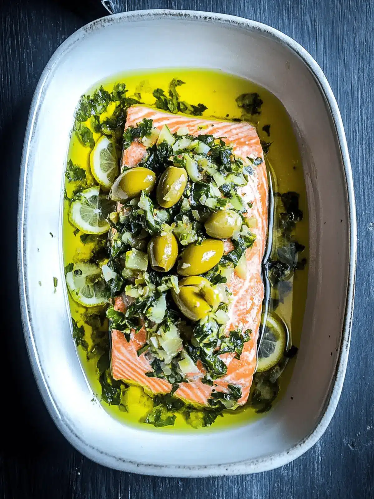 Olive Oil Salmon Confit with Olive Lemon Gremolata