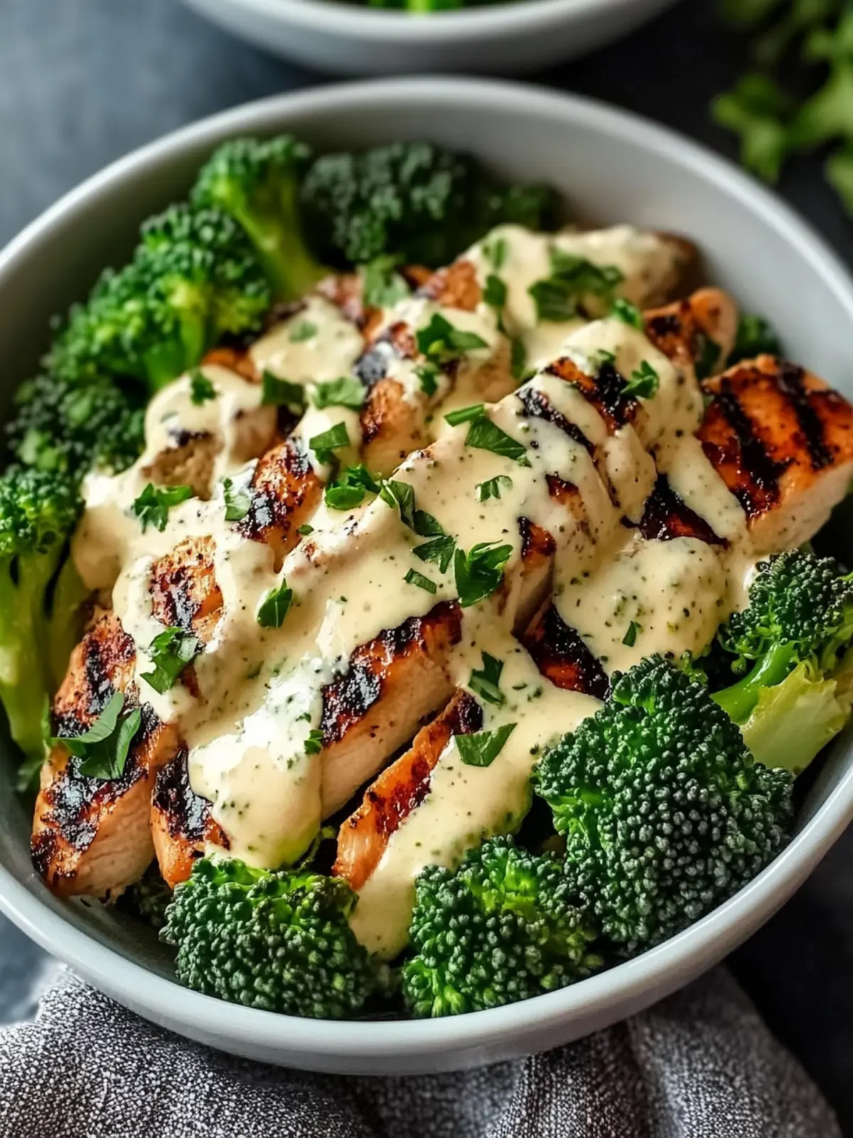 Grilled Chicken & Broccoli Bowls with Creamy Garlic Sauce