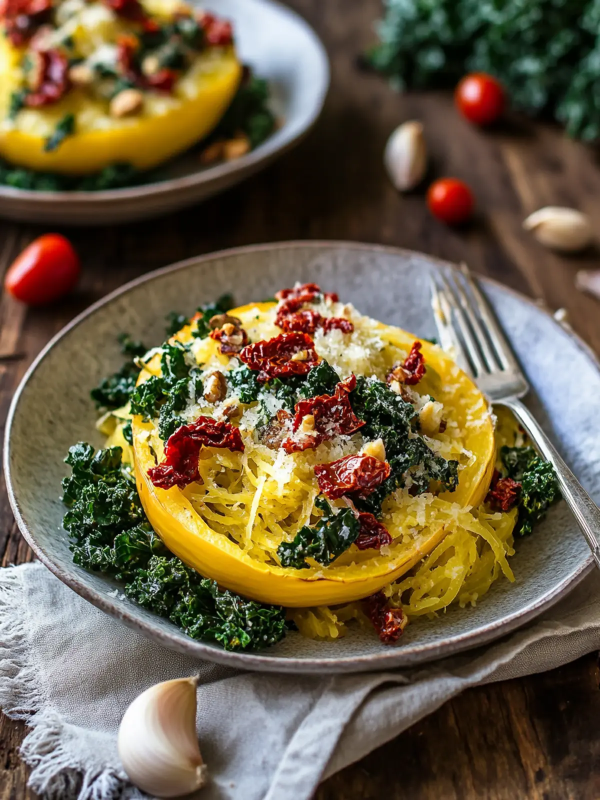Roasted Garlic and Kale Spaghetti Squash with Sun-Dried Tomatoes