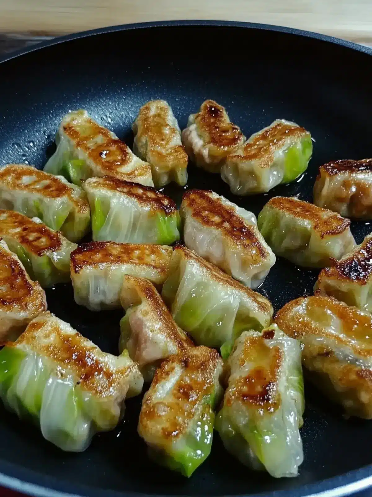 Keto Potstickers Filling Wrapped in Cabbage and Crispy Fried 3 Keto Potstickers Filling Wrapped in Cabbage and Fried in Sesame Oil