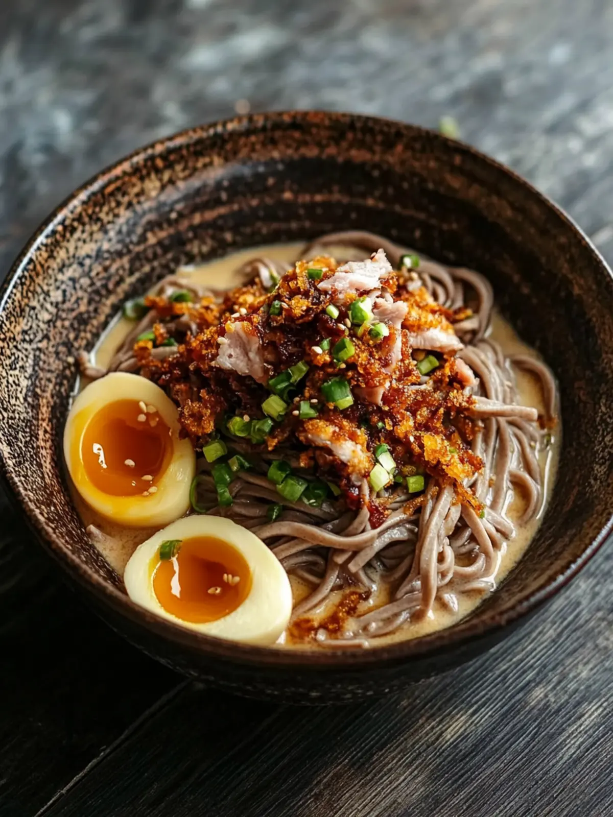 Creamy miso soba noodles with fried pork