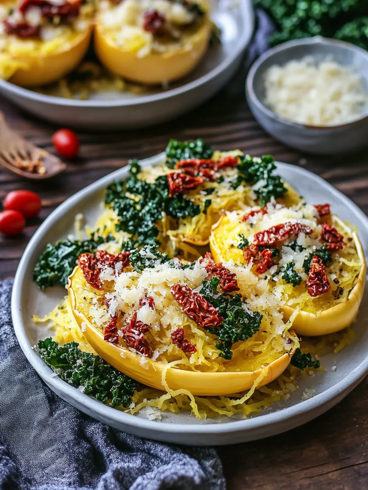 Savory Roasted Garlic and Kale Spaghetti Squash Delight 2 Roasted Garlic and Kale Spaghetti Squash with Sun-Dried Tomatoes