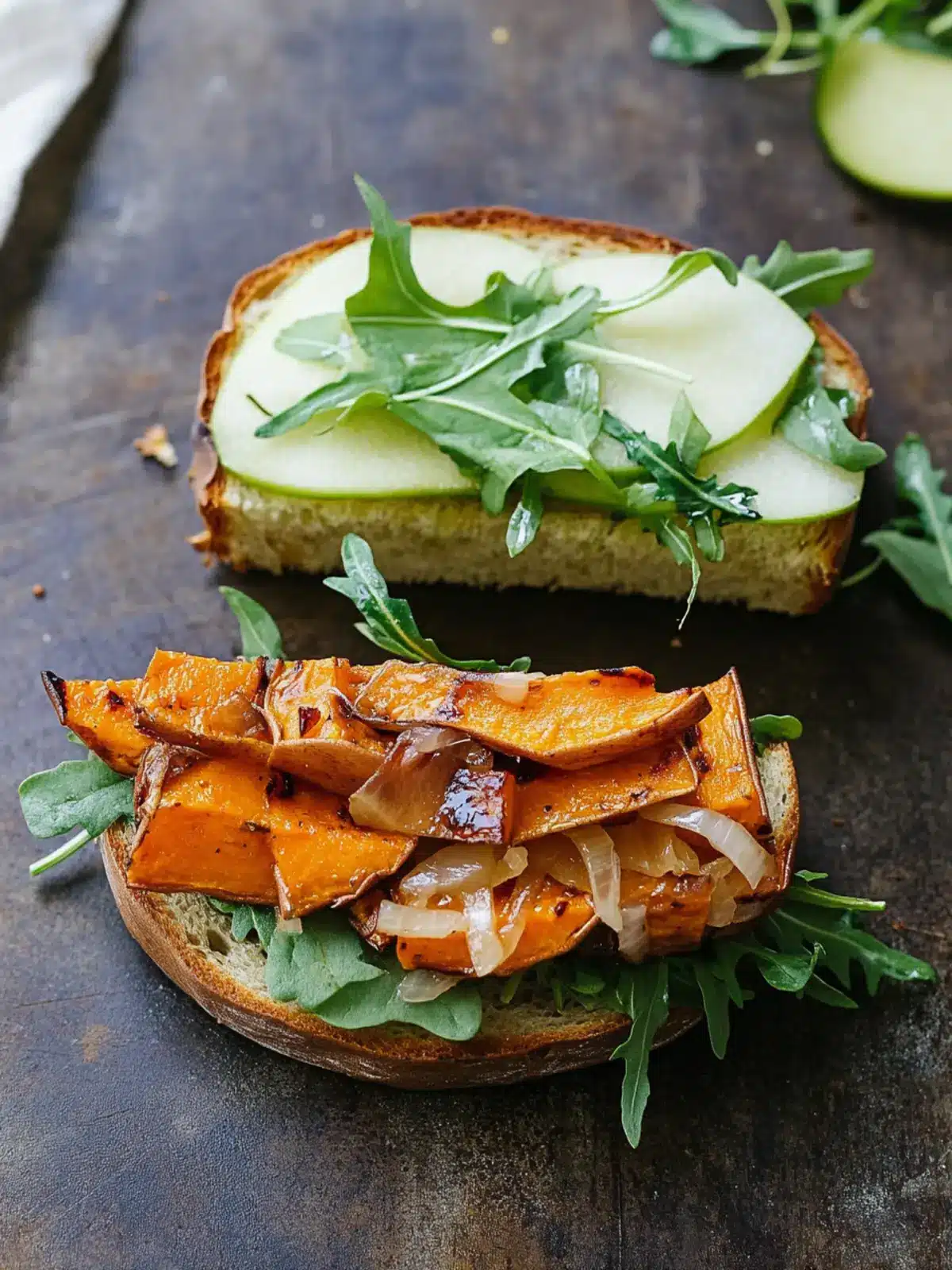 Savory Herbed Sweet Potato Sandwiches with Caramelized Onion, Green Apple, and Arugula
