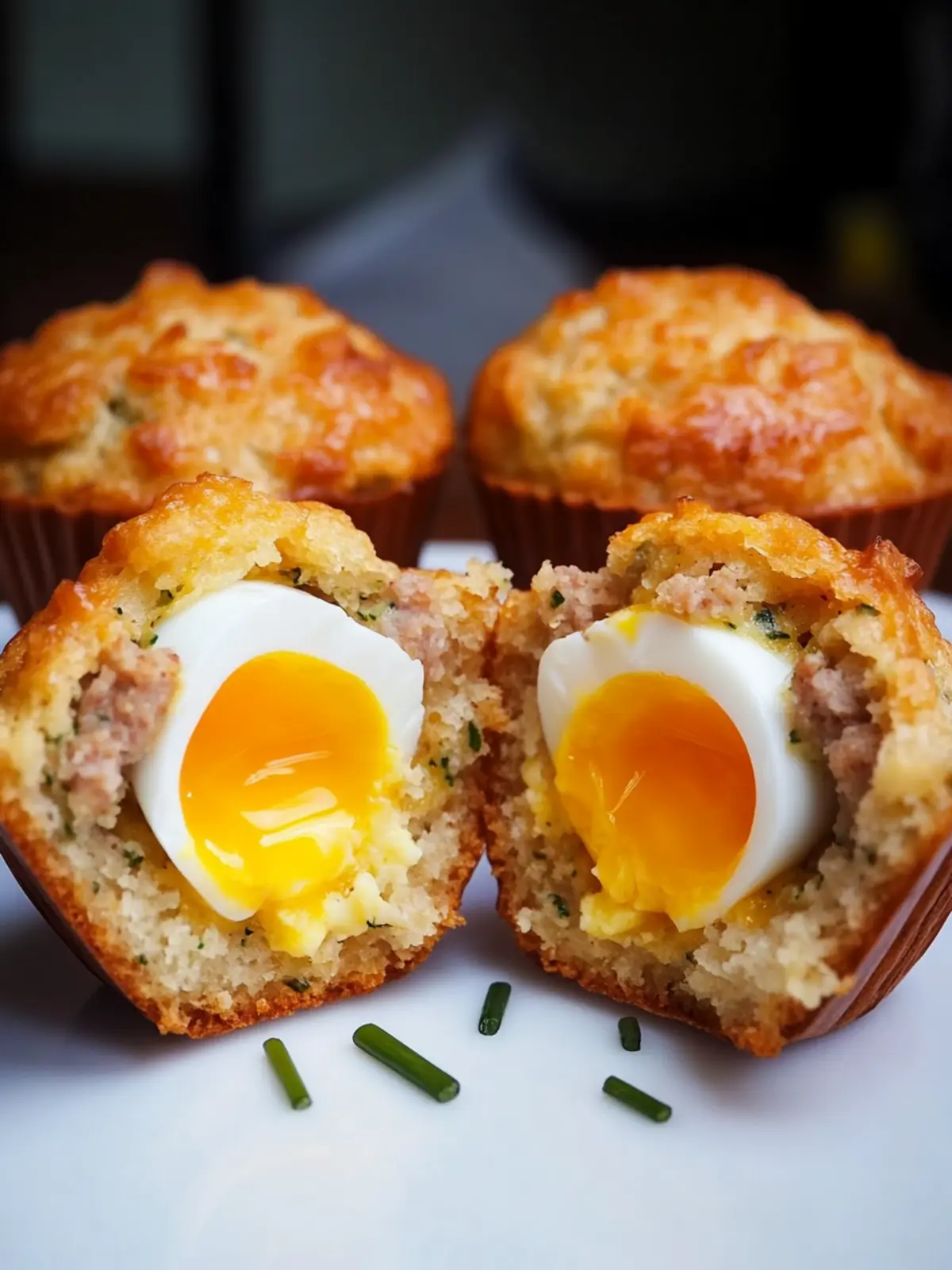 Savoring Sausage, Cheddar, and Chive Muffin with Soft Boiled Egg 2 Sausage, Cheddar, and Chive Muffin with Soft Boiled Egg
