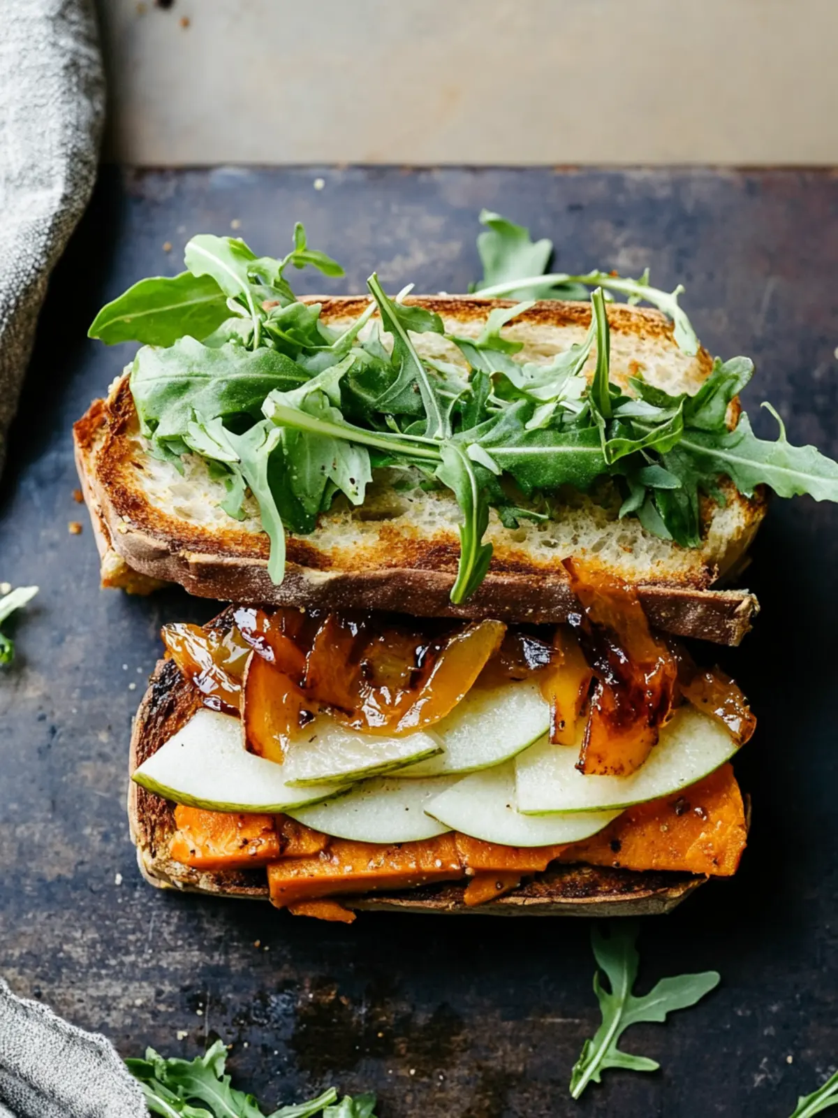 Savory Herbed Sweet Potato Sandwiches with Caramelized Onion Joy 3 Savory Herbed Sweet Potato Sandwiches with Caramelized Onion, Green Apple, and Arugula