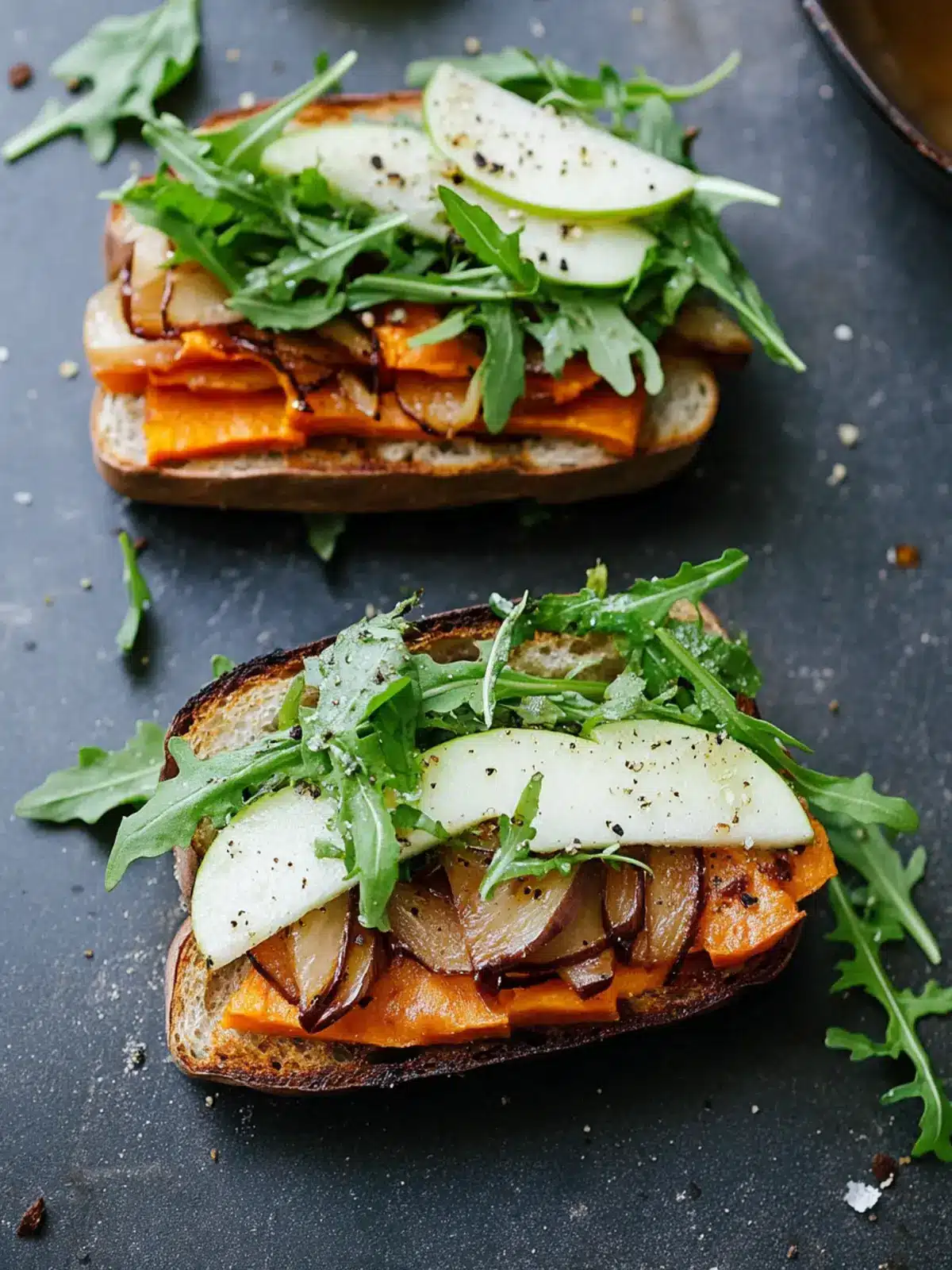 Savory Herbed Sweet Potato Sandwiches with Caramelized Onion Joy 4 Savory Herbed Sweet Potato Sandwiches with Caramelized Onion, Green Apple, and Arugula