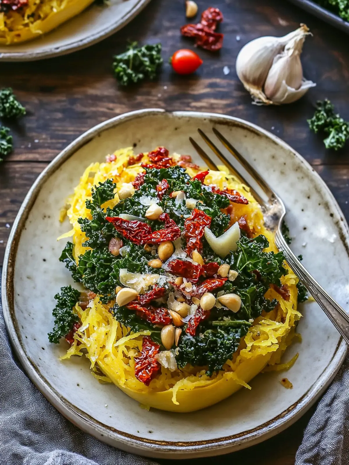 Savory Roasted Garlic and Kale Spaghetti Squash Delight 4 Roasted Garlic and Kale Spaghetti Squash with Sun-Dried Tomatoes