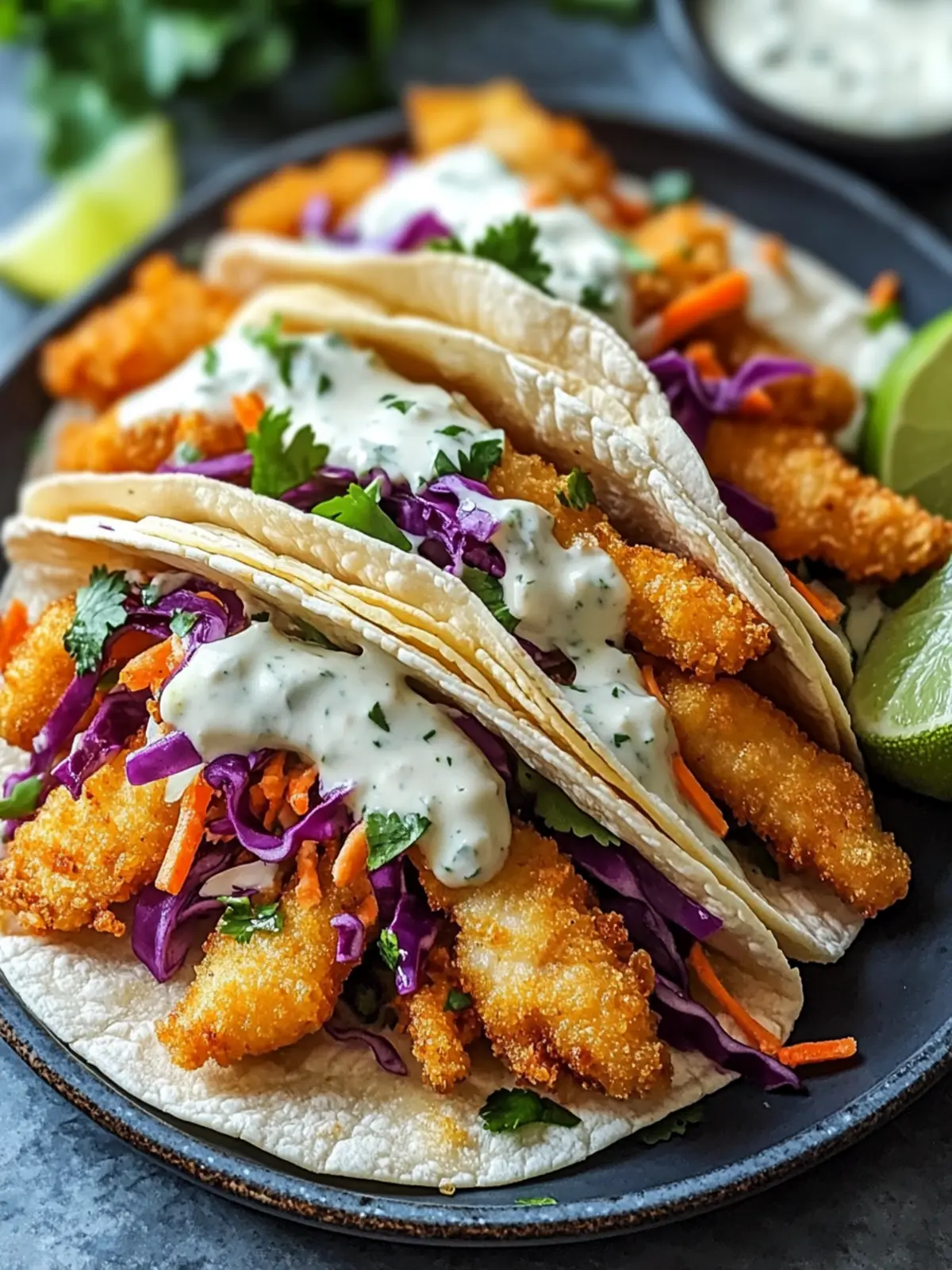 Crispy Fish Tacos with Slaw and Lime Crema