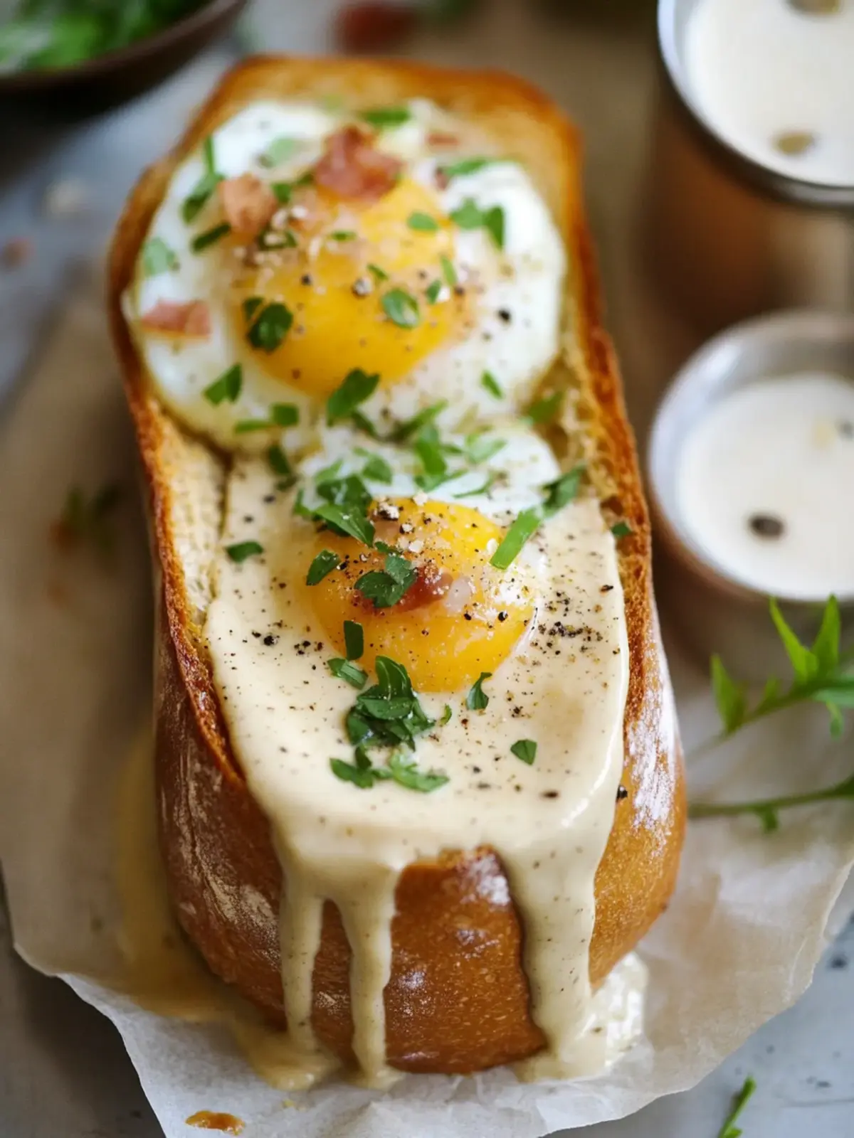 Baked Eggs in Baguette with Creamy Smoked Gouda Sauce 2 Baked eggs in Baguette + Smoked Gouda Sauce