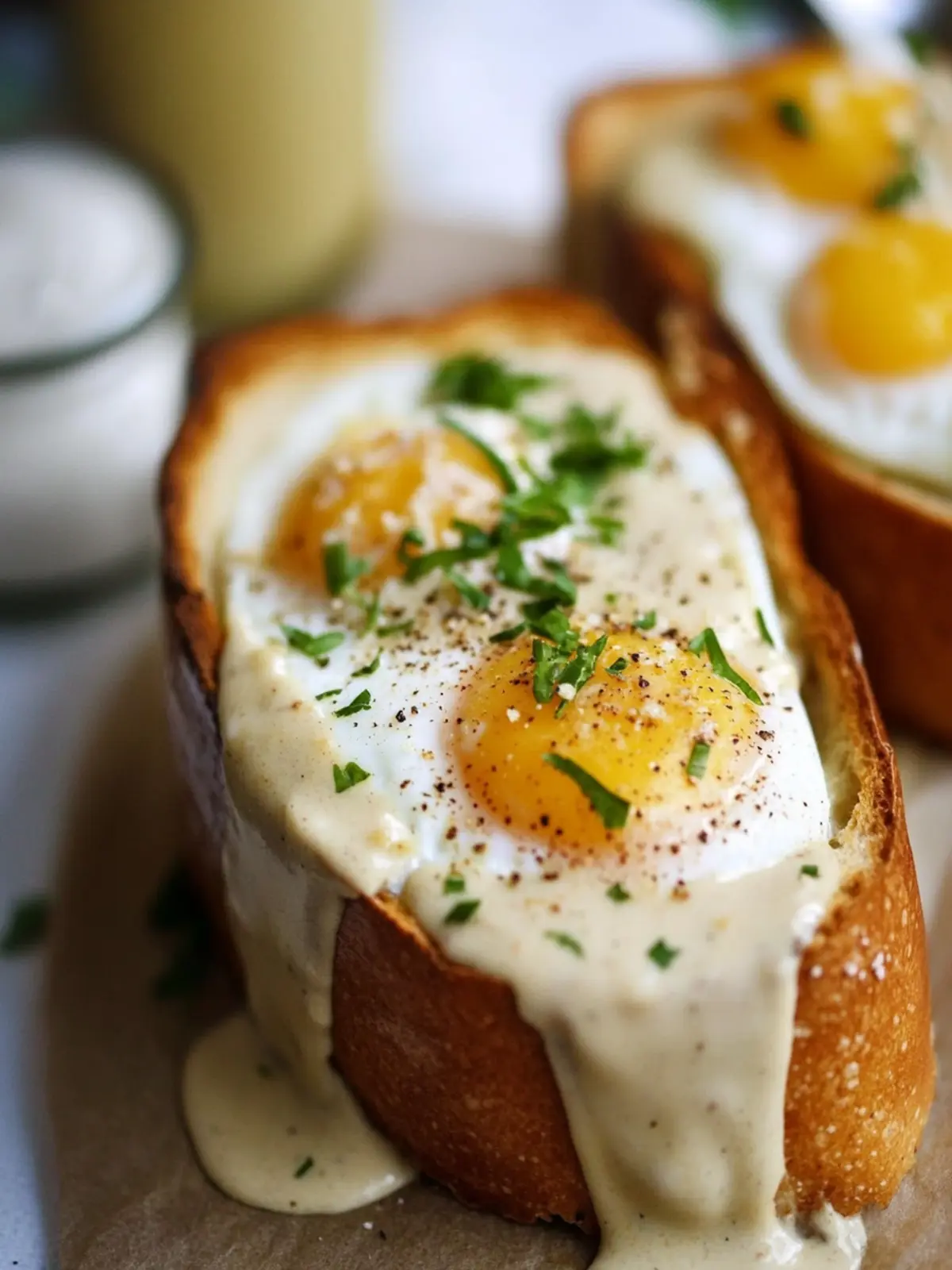 Baked Eggs in Baguette with Creamy Smoked Gouda Sauce 3 Baked eggs in Baguette + Smoked Gouda Sauce