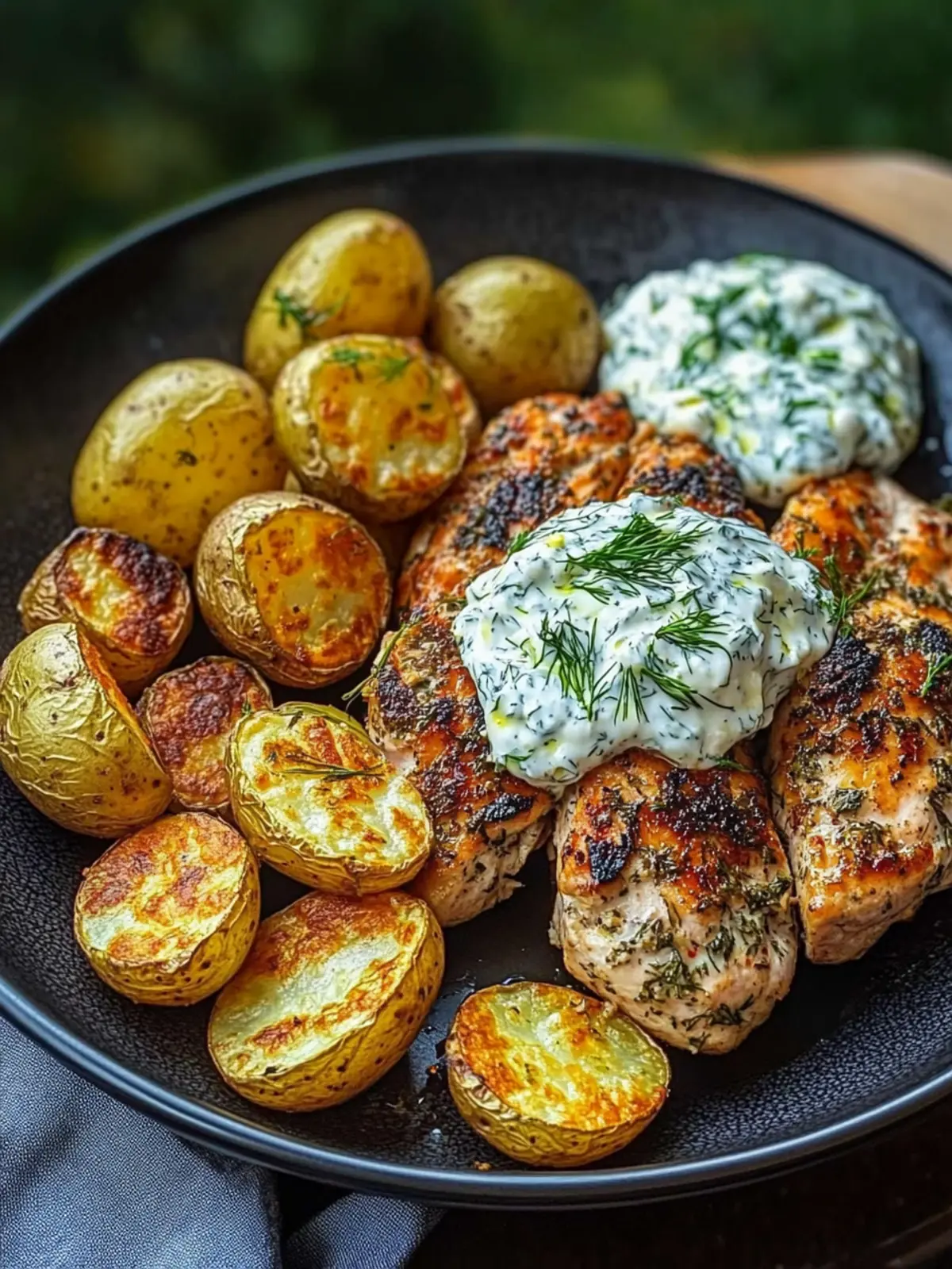 Yogurt Marinated Chicken with Dill Feta Cream & Crispy Potatoes 2 Yogurt Marinated Chicken with Dill Feta Cream & Crispy Baby Potatoes
