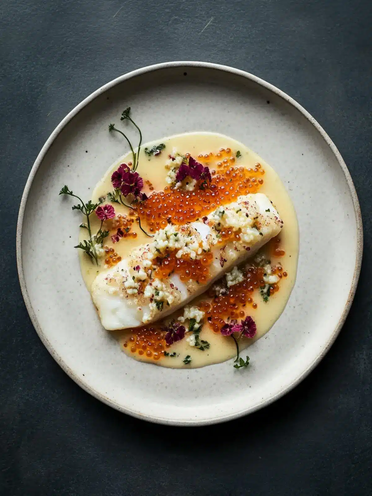 Plaice with Cider Butter Sauce and Pickled Trout Roe Delight 4 Plaice with cider butter sauce and pickled trout roe