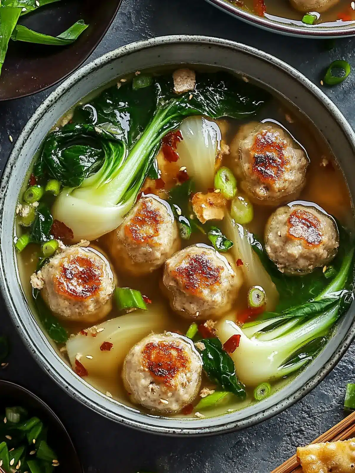 Ginger Chicken Meatball Soup with Bok Choy and Crunchy Wontons 4 Ginger Chicken Meatball Soup with Baby Bok Choy and Crispy Wonton Strips
