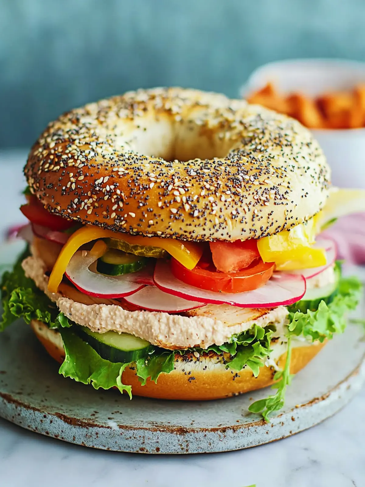 Satisfy Your Cravings: Turkey Bagel Sandwich with Hummus & Veggies 2 Turkey Bagel Sandwich with Hummus & Veggies