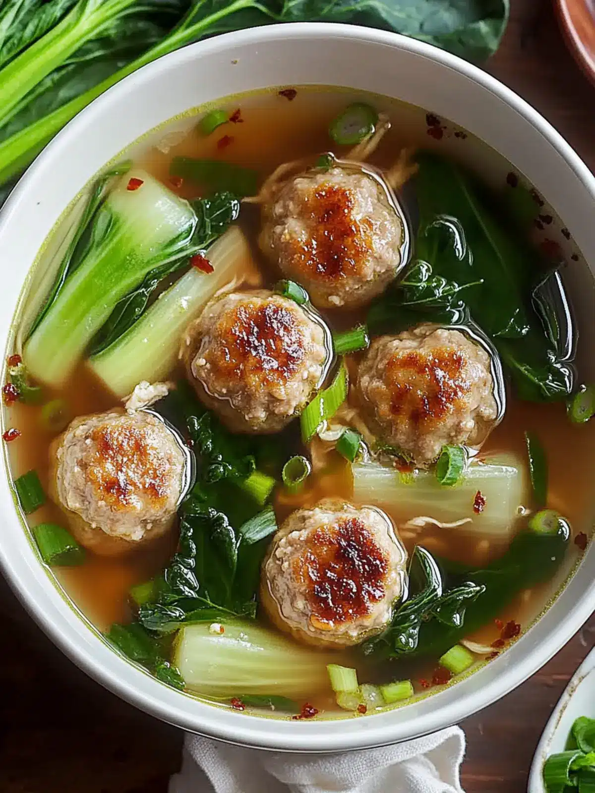 Ginger Chicken Meatball Soup with Bok Choy and Crunchy Wontons 2 Ginger Chicken Meatball Soup with Baby Bok Choy and Crispy Wonton Strips