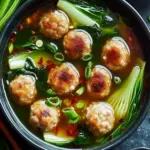 Ginger Chicken Meatball Soup with Bok Choy and Crunchy Wontons 6 Ginger Chicken Meatball Soup with Baby Bok Choy and Crispy Wonton Strips