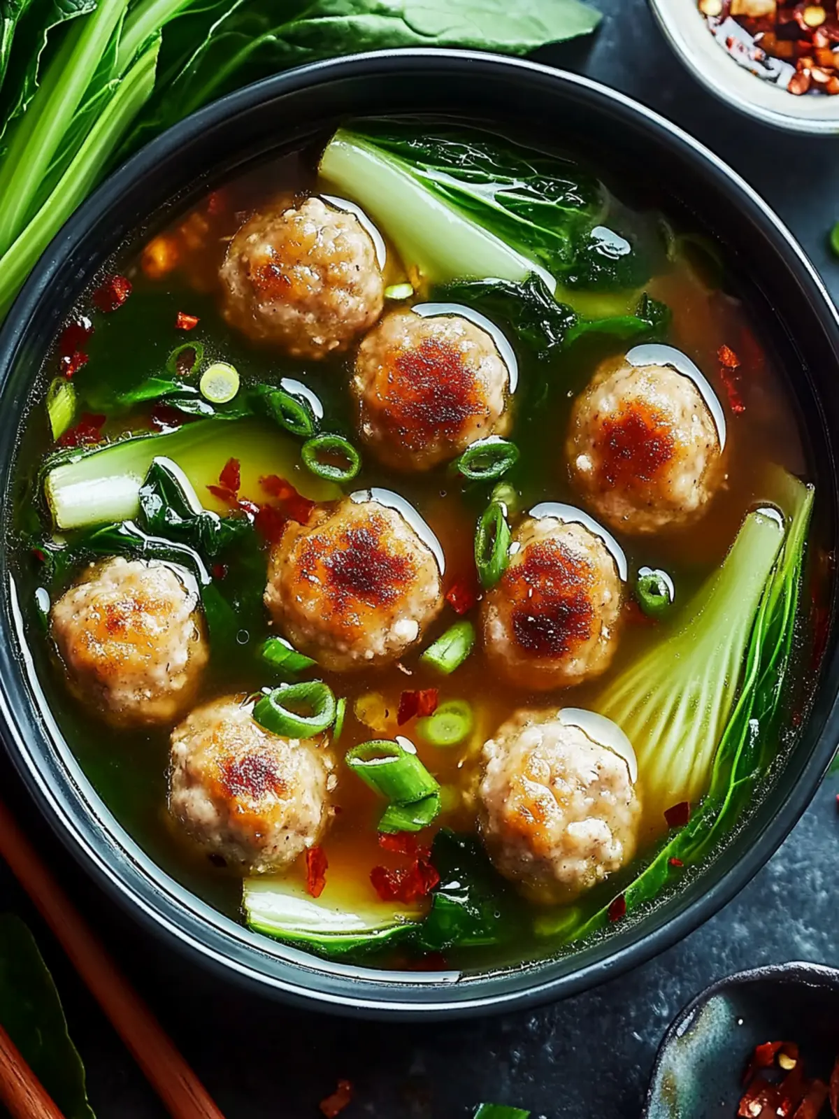 Ginger Chicken Meatball Soup with Bok Choy and Crunchy Wontons 5 Ginger Chicken Meatball Soup with Baby Bok Choy and Crispy Wonton Strips