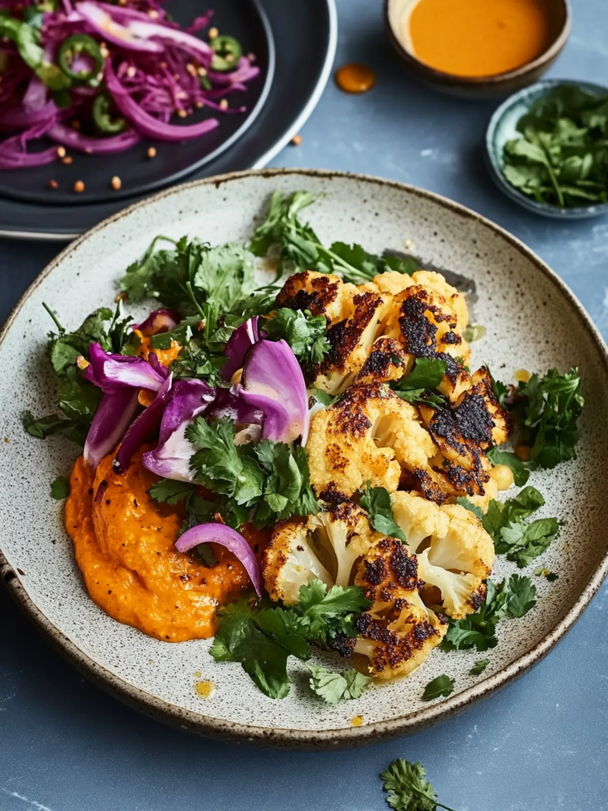 Ancho Cauliflower Wonders with Creamy Carrot Purée Delight 3 ANCHO CAULIFLOWER, CARROT PUREE, CORIANDER SALAD