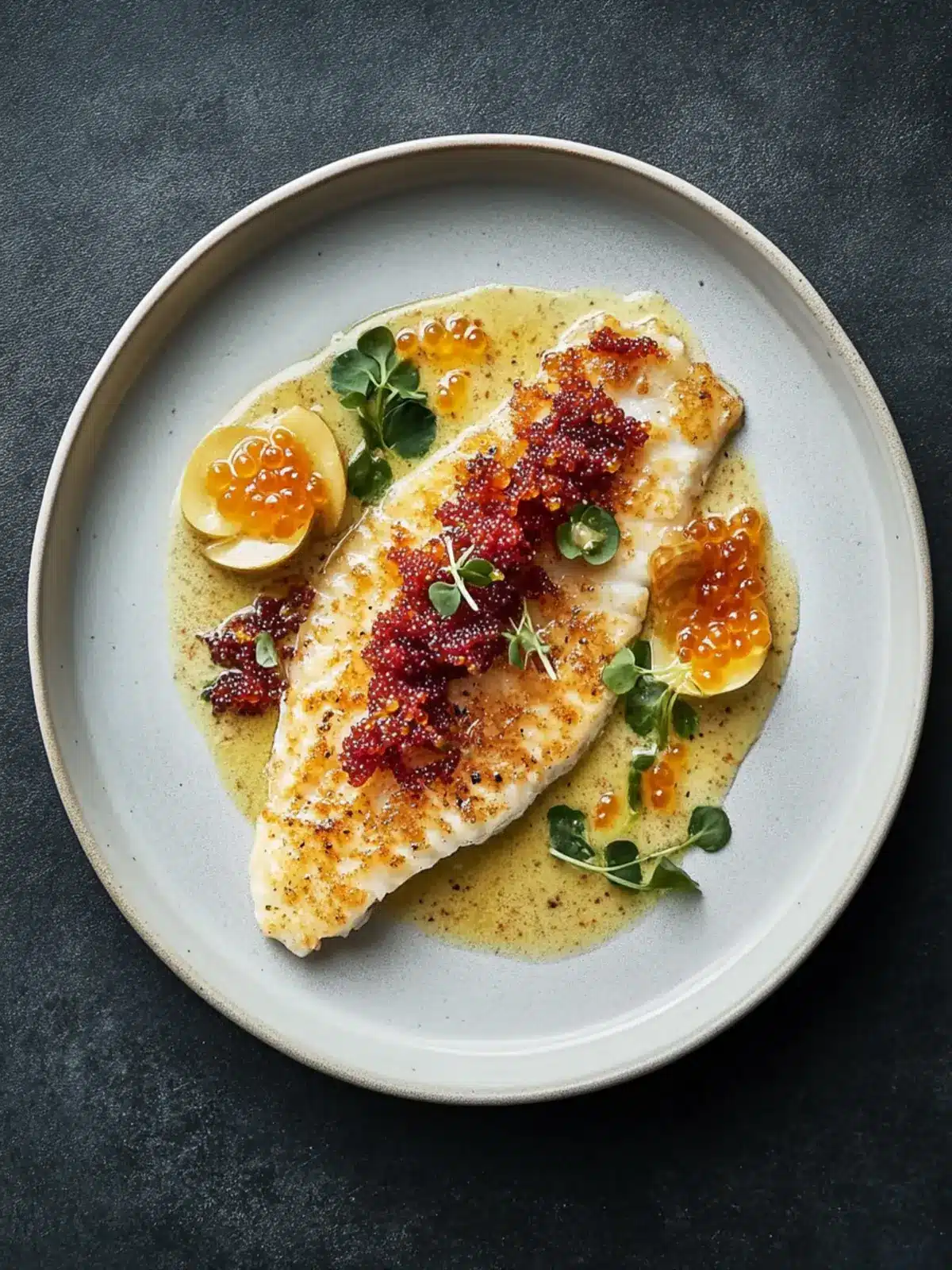 Plaice with Cider Butter Sauce and Pickled Trout Roe Delight 3 Plaice with cider butter sauce and pickled trout roe