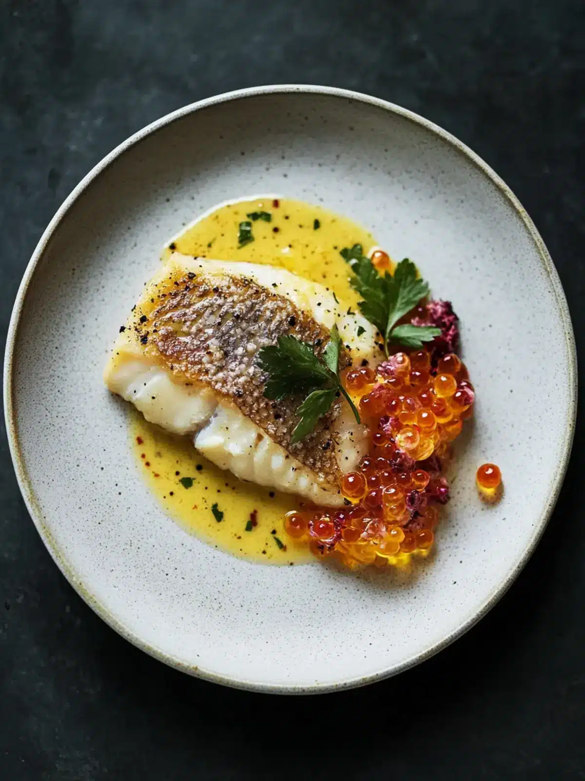 Plaice with Cider Butter Sauce and Pickled Trout Roe Delight 2 Plaice with cider butter sauce and pickled trout roe