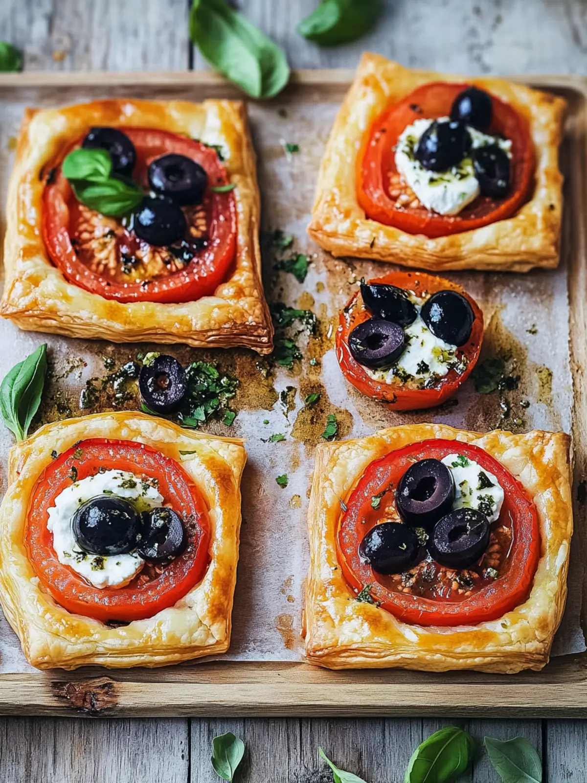 Tomato, black olive and ricotta puff tarts