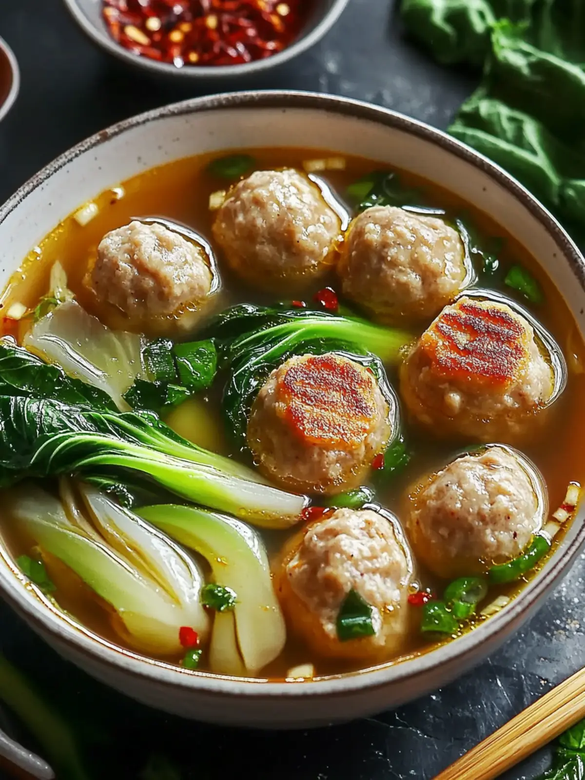 Ginger Chicken Meatball Soup with Bok Choy and Crunchy Wontons 3 Ginger Chicken Meatball Soup with Baby Bok Choy and Crispy Wonton Strips