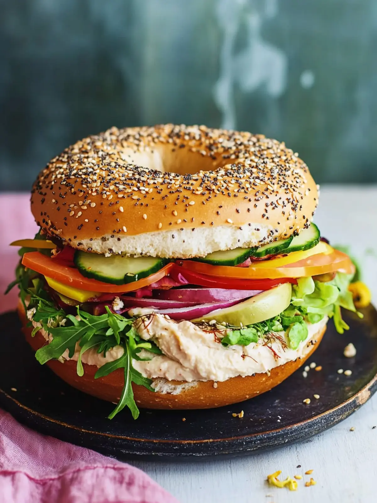 Satisfy Your Cravings: Turkey Bagel Sandwich with Hummus & Veggies 5 Turkey Bagel Sandwich with Hummus & Veggies