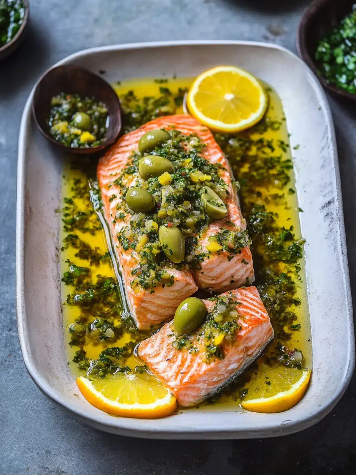 Zesty Roasted Citrus Salmon with Green Olive Salsa Verde Delight 2 Roasted Citrus Salmon With Green Olive Salsa Verde