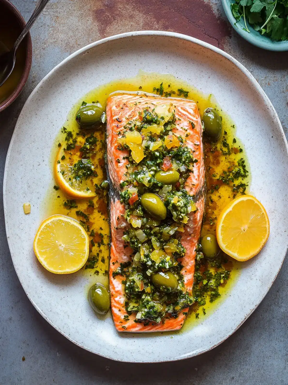 Zesty Roasted Citrus Salmon with Green Olive Salsa Verde Delight 5 Roasted Citrus Salmon With Green Olive Salsa Verde