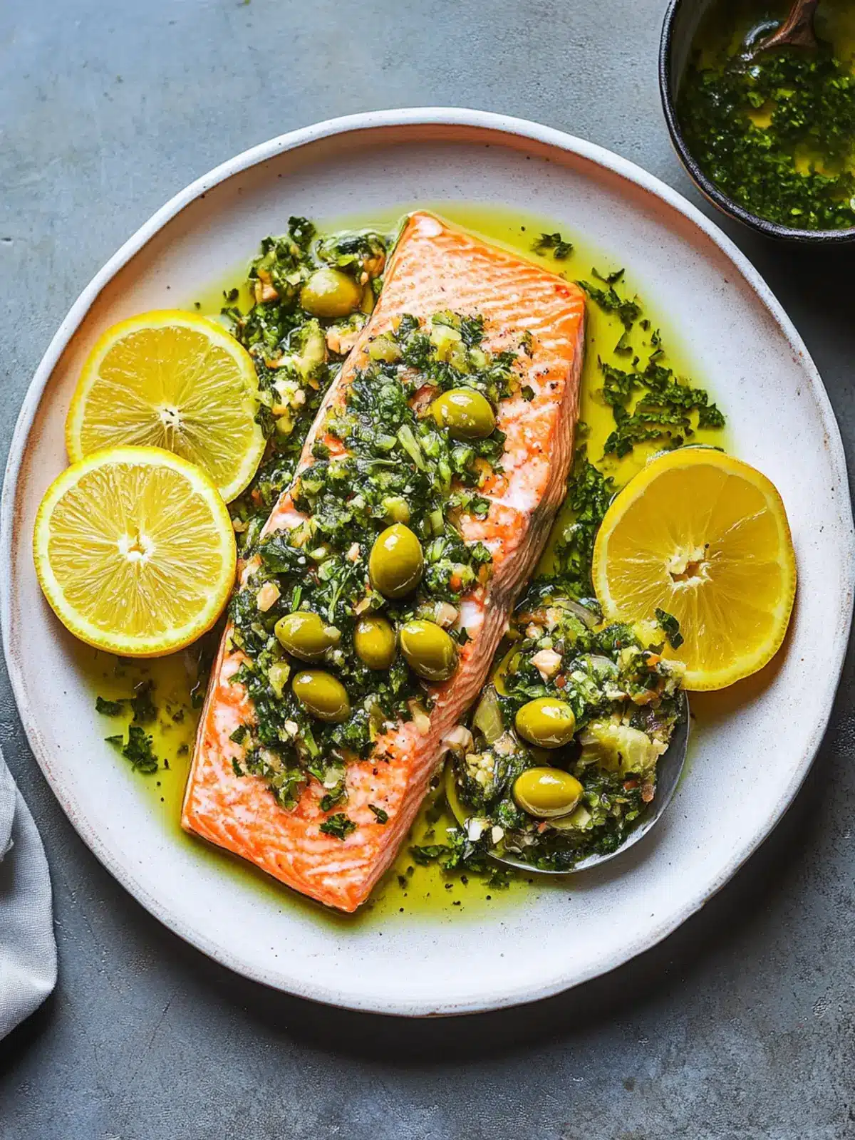 Zesty Roasted Citrus Salmon with Green Olive Salsa Verde Delight 4 Roasted Citrus Salmon With Green Olive Salsa Verde