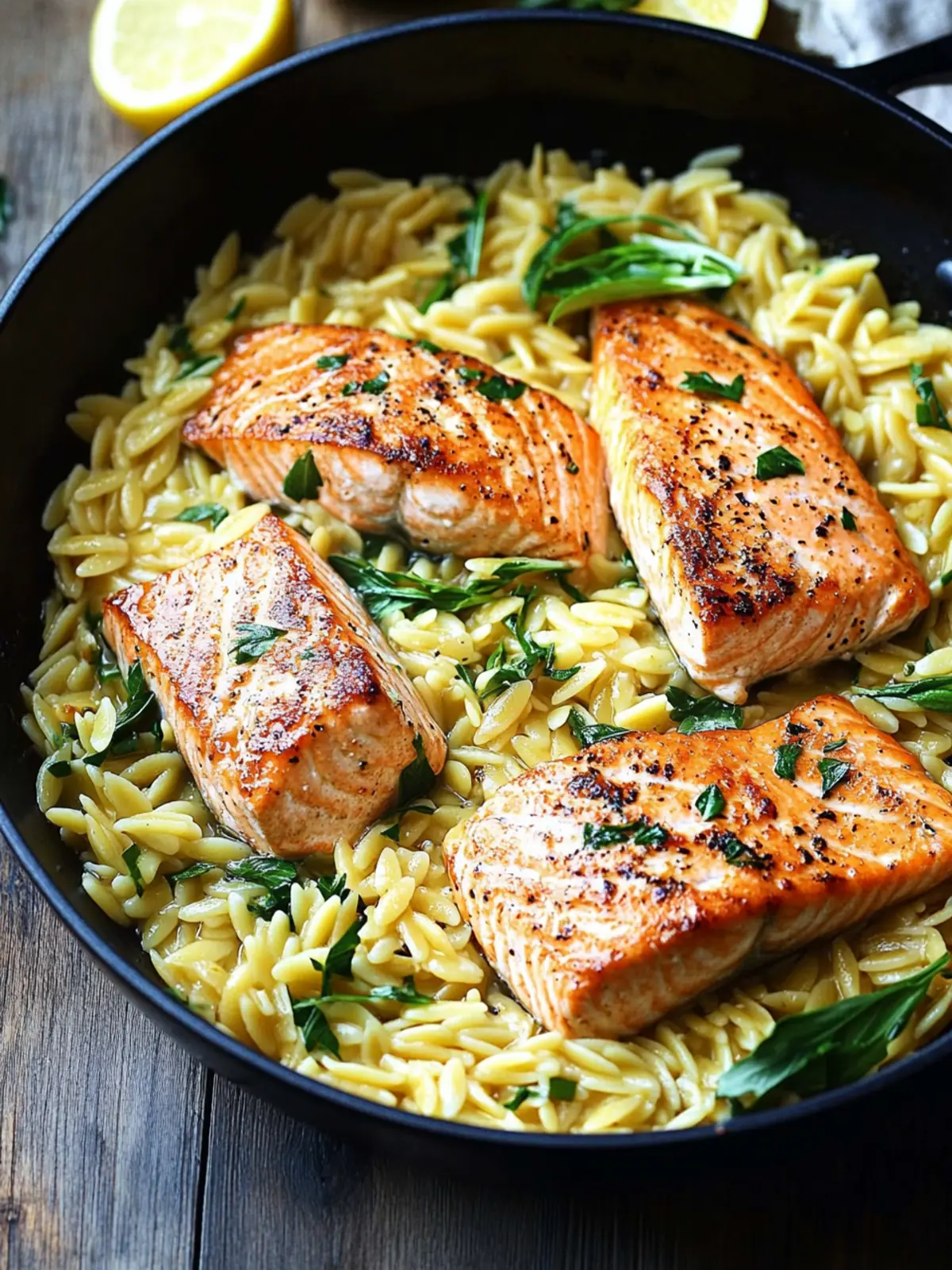 One Skillet Salmon with Lemon Orzo