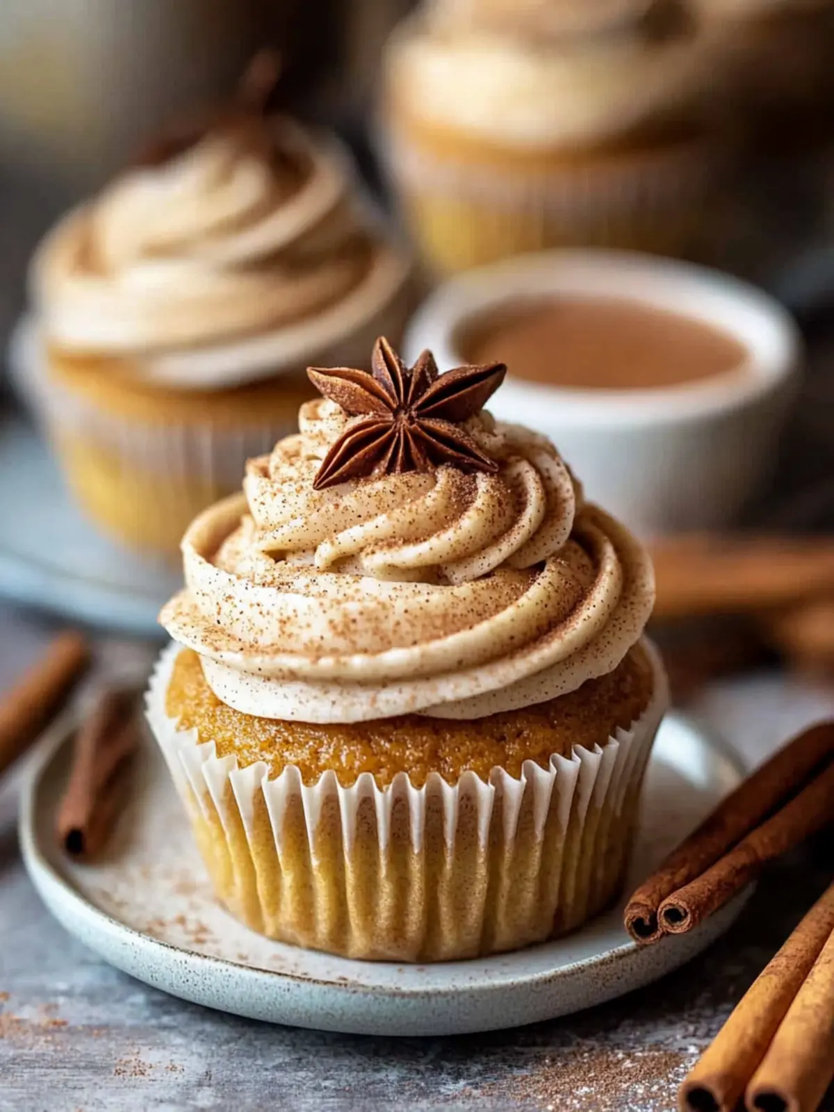 Vanilla Chai Pumpkin Latte Cupcakes with Cinnamon Brown Sugar Frosting.