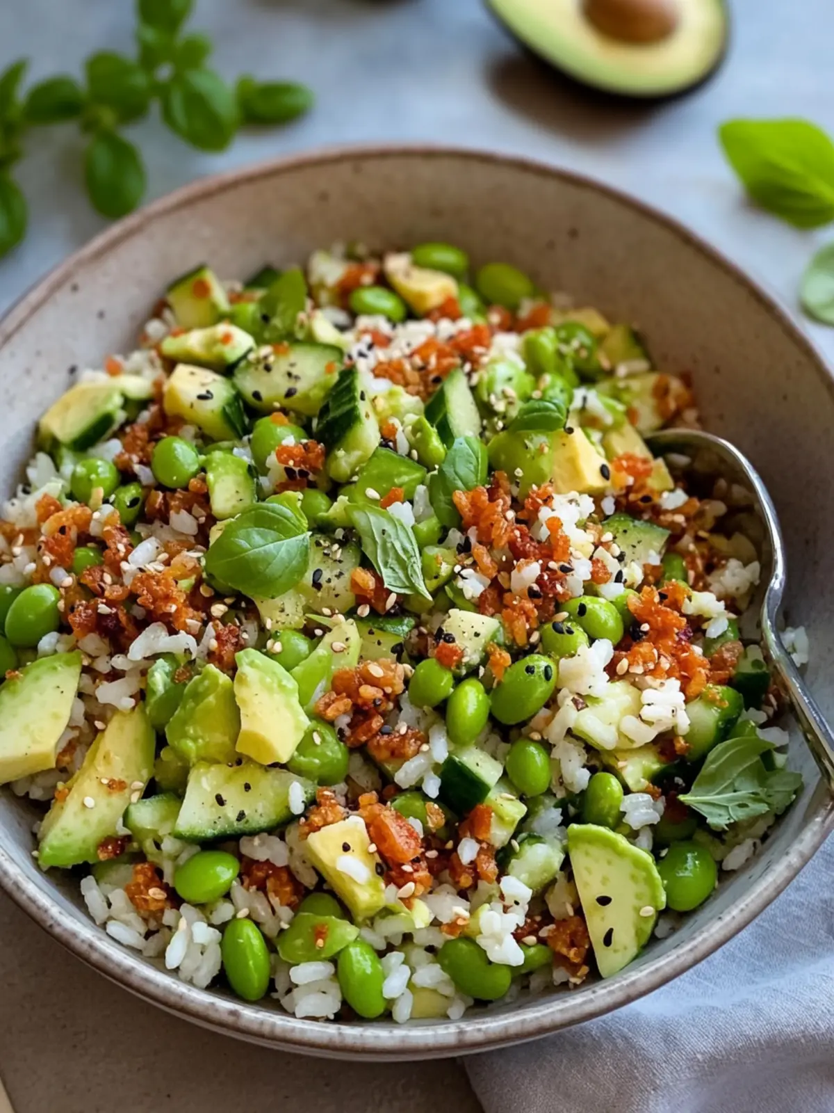 Crispy Rice Salad with Avocado, Cucumber, and Edamame Bliss 2 Crispy rice salad with avocado, cucumber and edamame