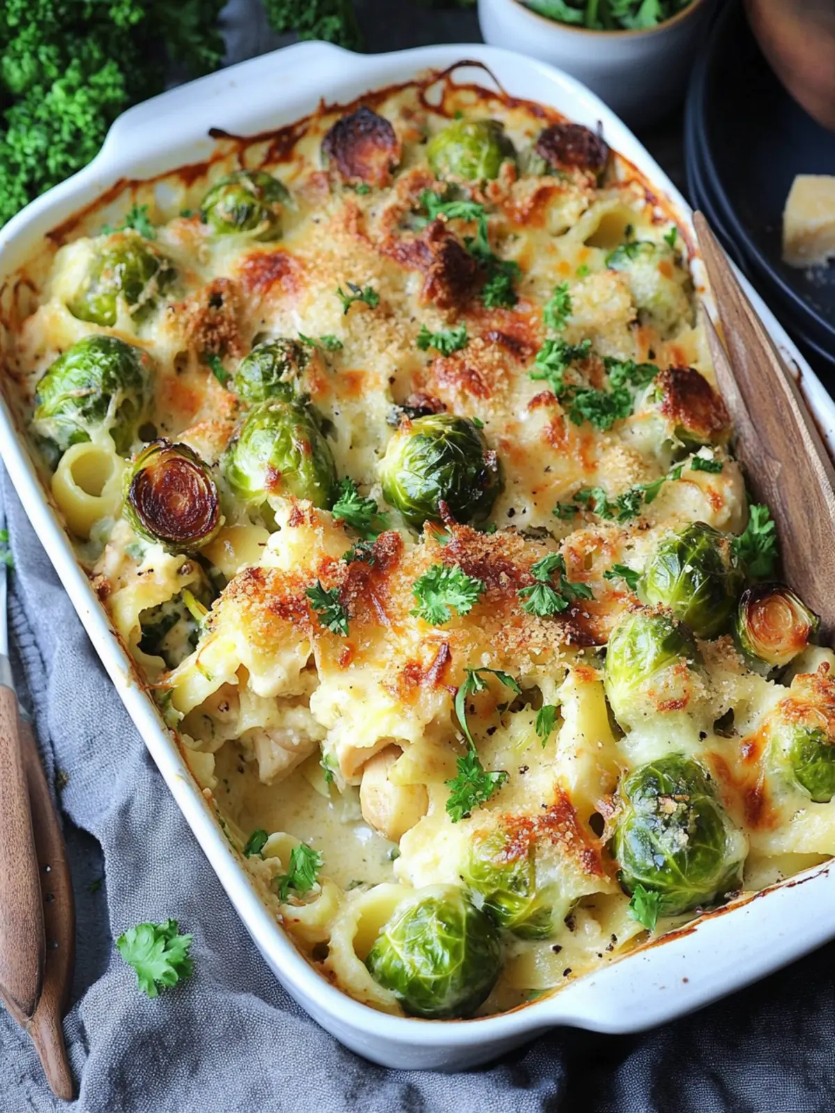 Cheesy Chicken & Brussels Sprouts Pasta Bake You’ll Crave! 3 Cheesy Chicken & Brussels Sprouts Pasta Bake