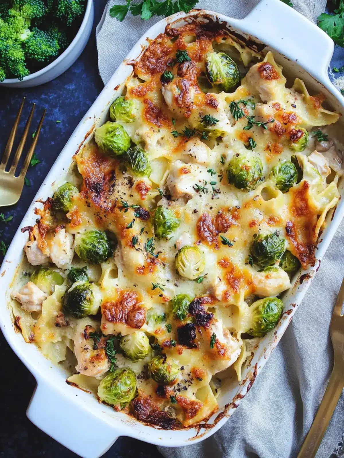Cheesy Chicken & Brussels Sprouts Pasta Bake