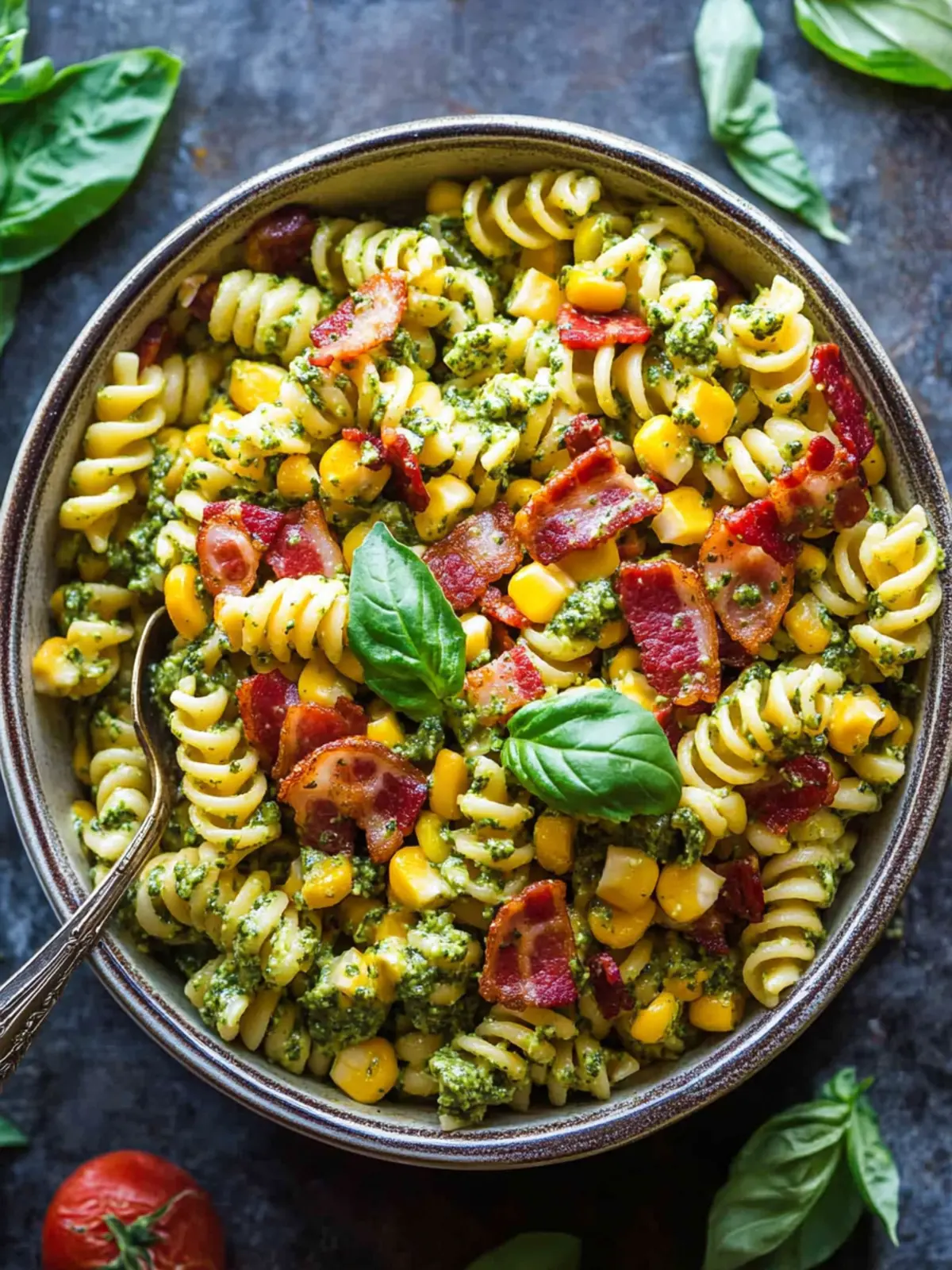 Corn Pasta Salad with Bacon and Creamy Pesto Bliss 3 Corn Pasta Salad with Bacon and Creamy Pesto Dressing